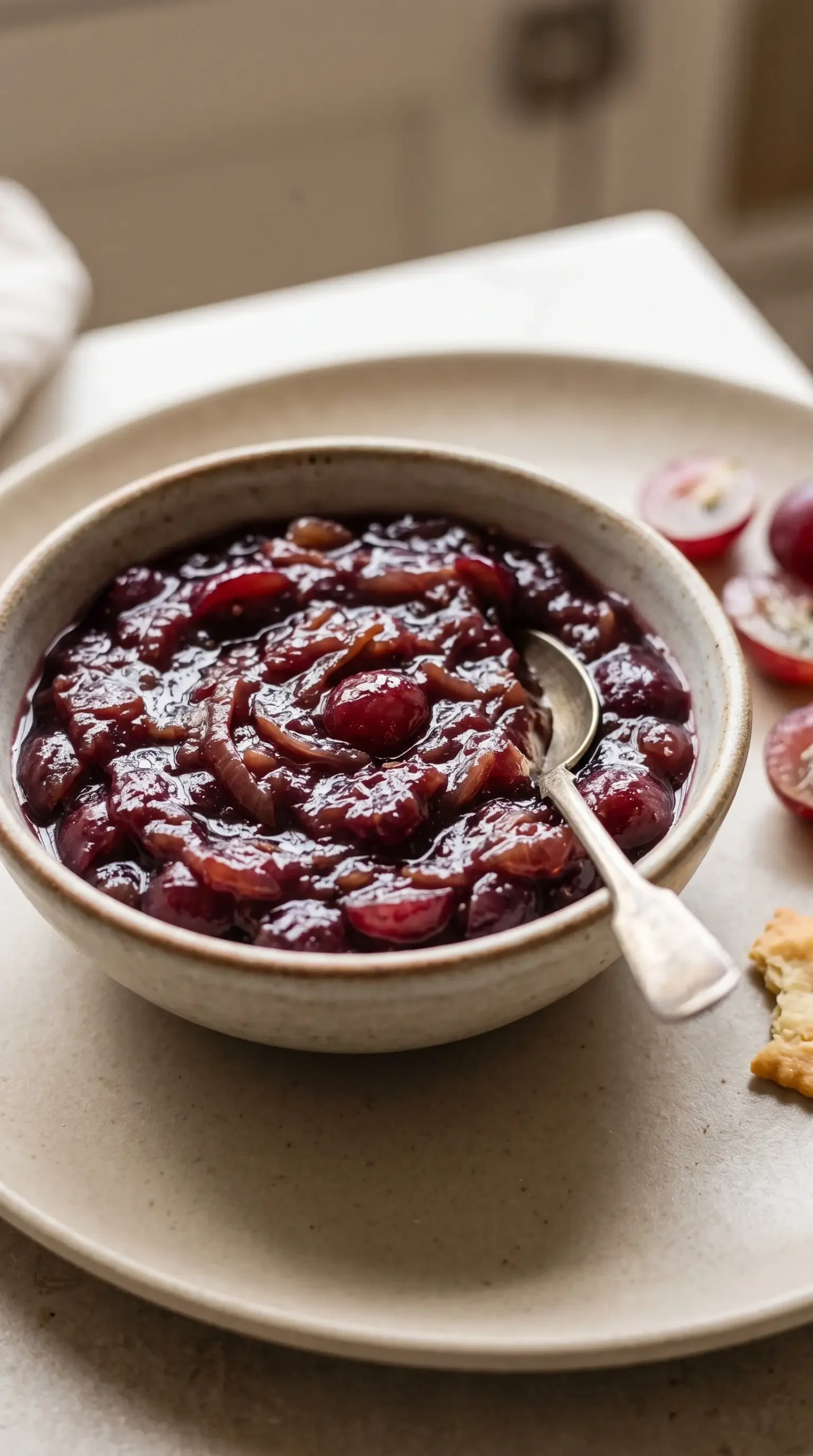 Thick shallot grape chutney with softened red grapes and caramelized shallots in a small bowl.