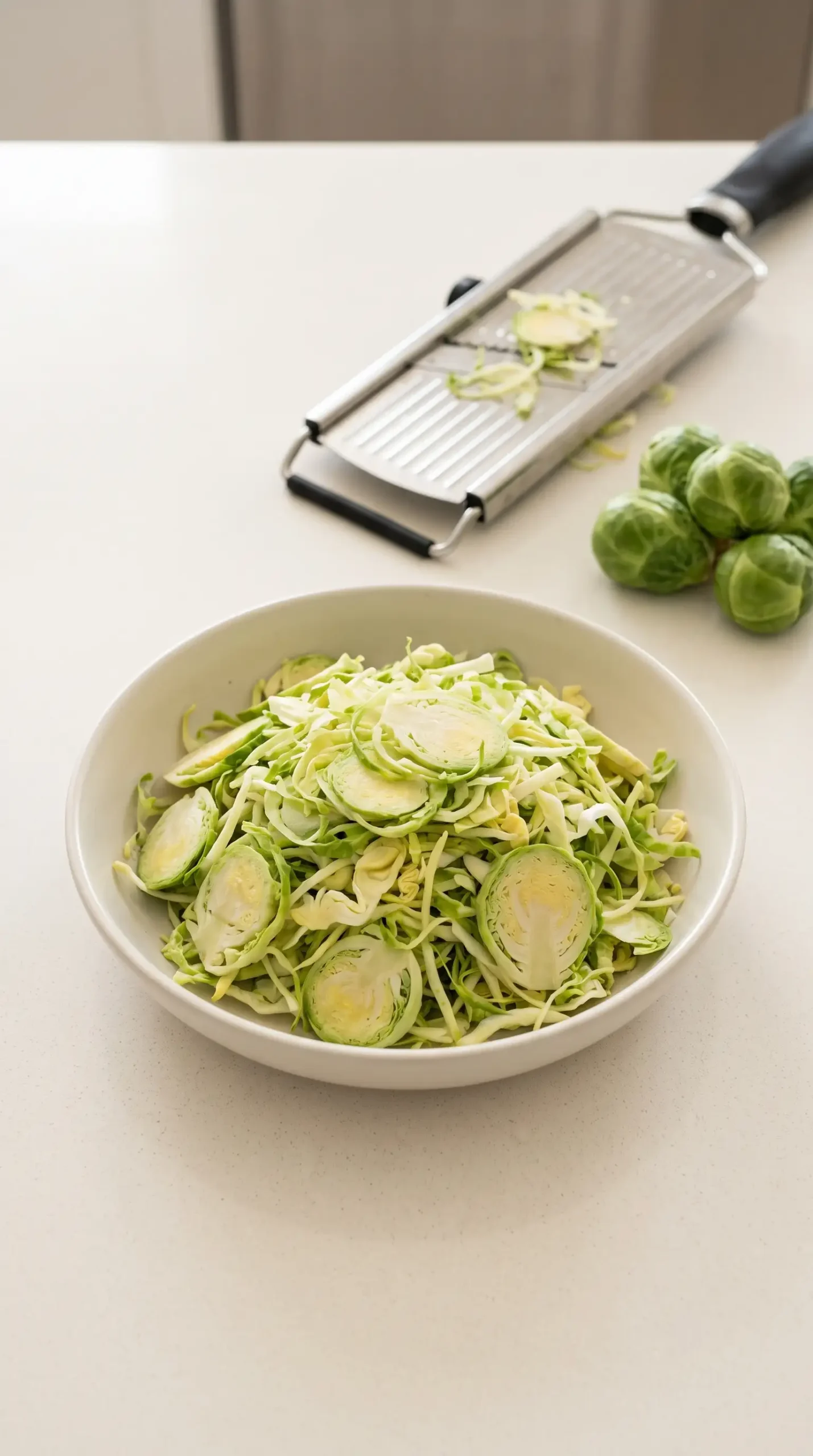 Shaved Brussels sprouts in a bowl with whole sprouts and a mandoline slicer nearby