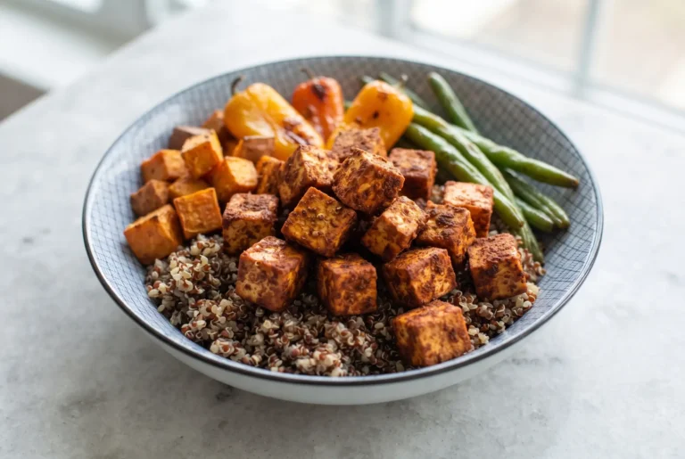 BBQ tofu bowl with golden-brown roasted tofu cubes and grains