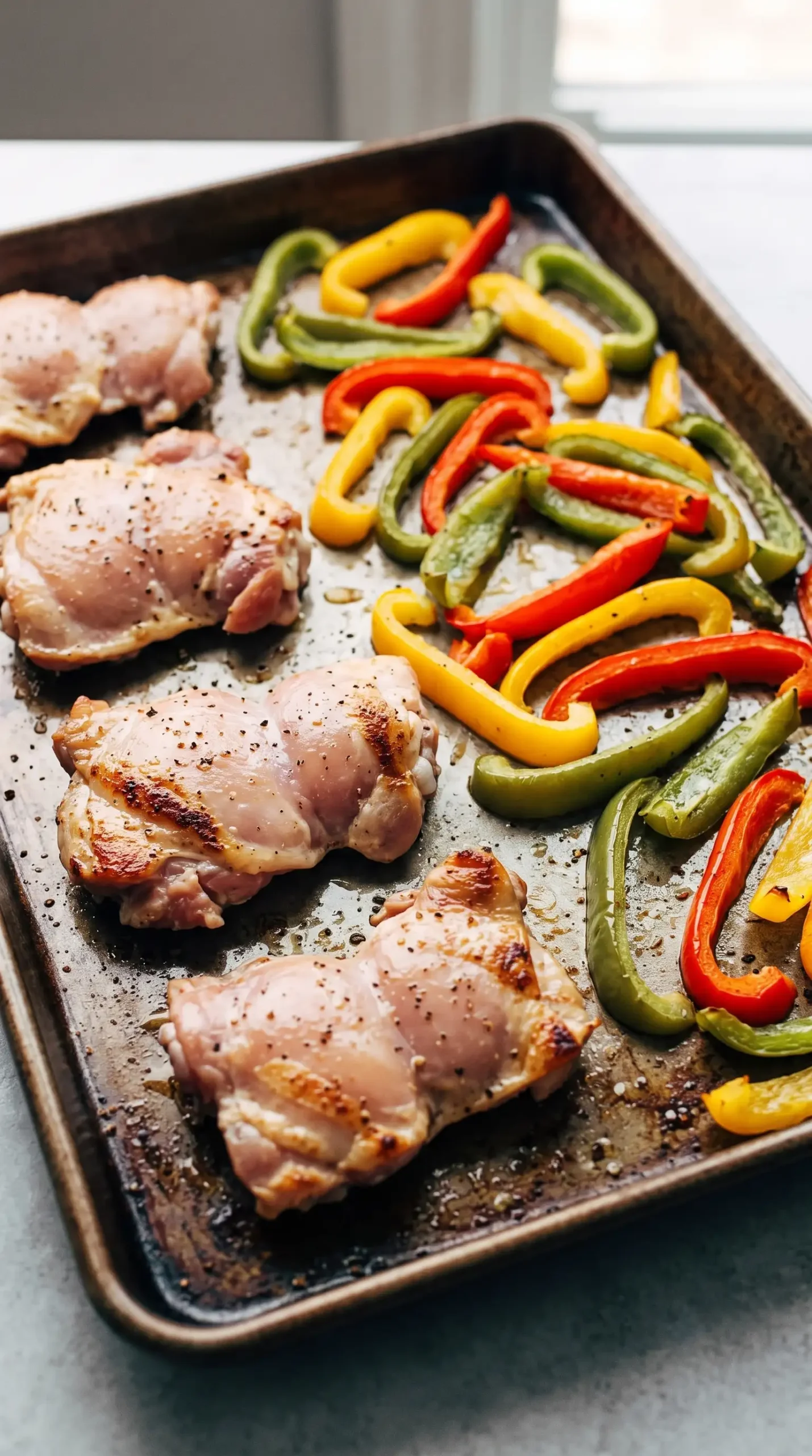 Sheet pan with chicken thighs and sliced bell peppers roasting for chicken tinga bowls