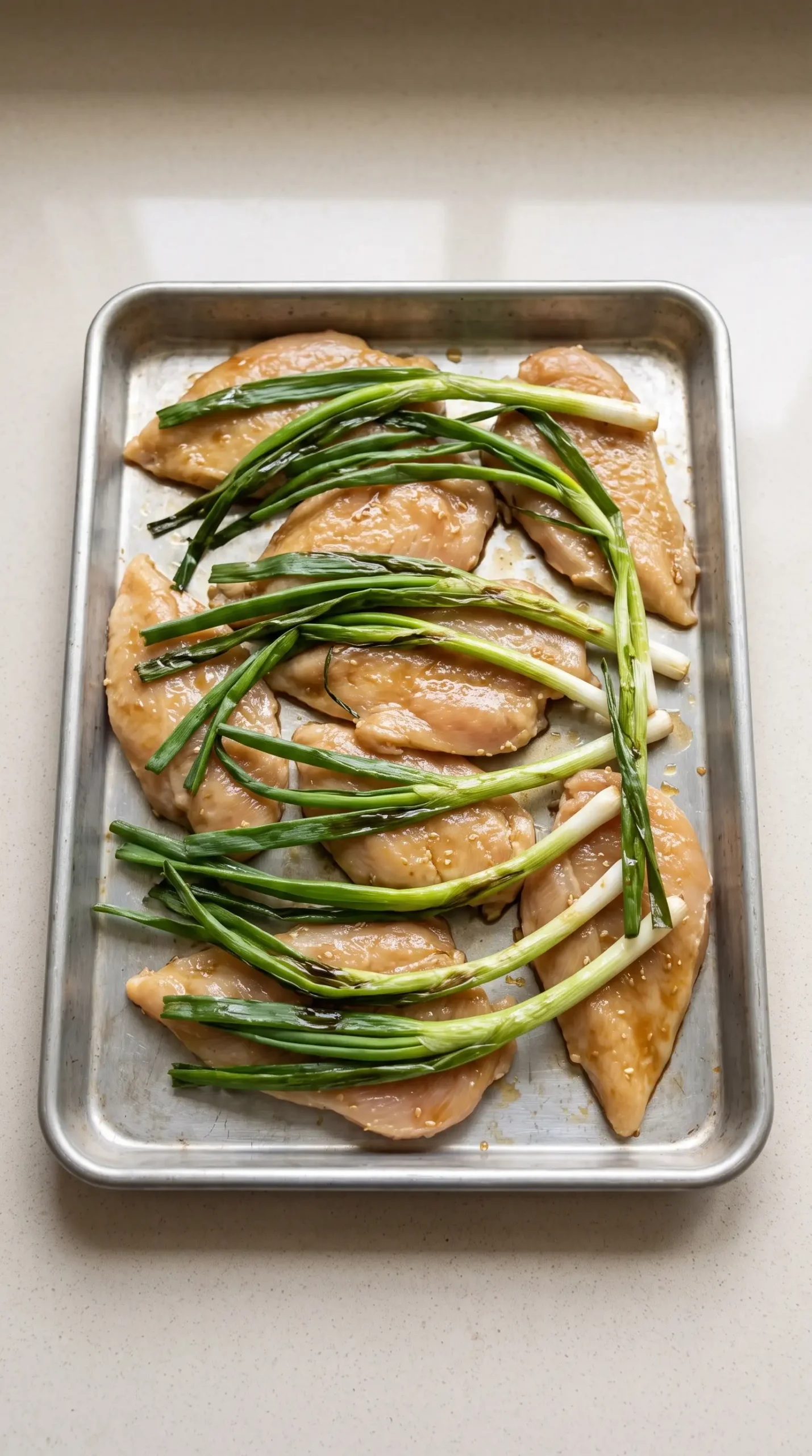 Sheet pan with chicken pieces and scallions prepared for roasting before charring