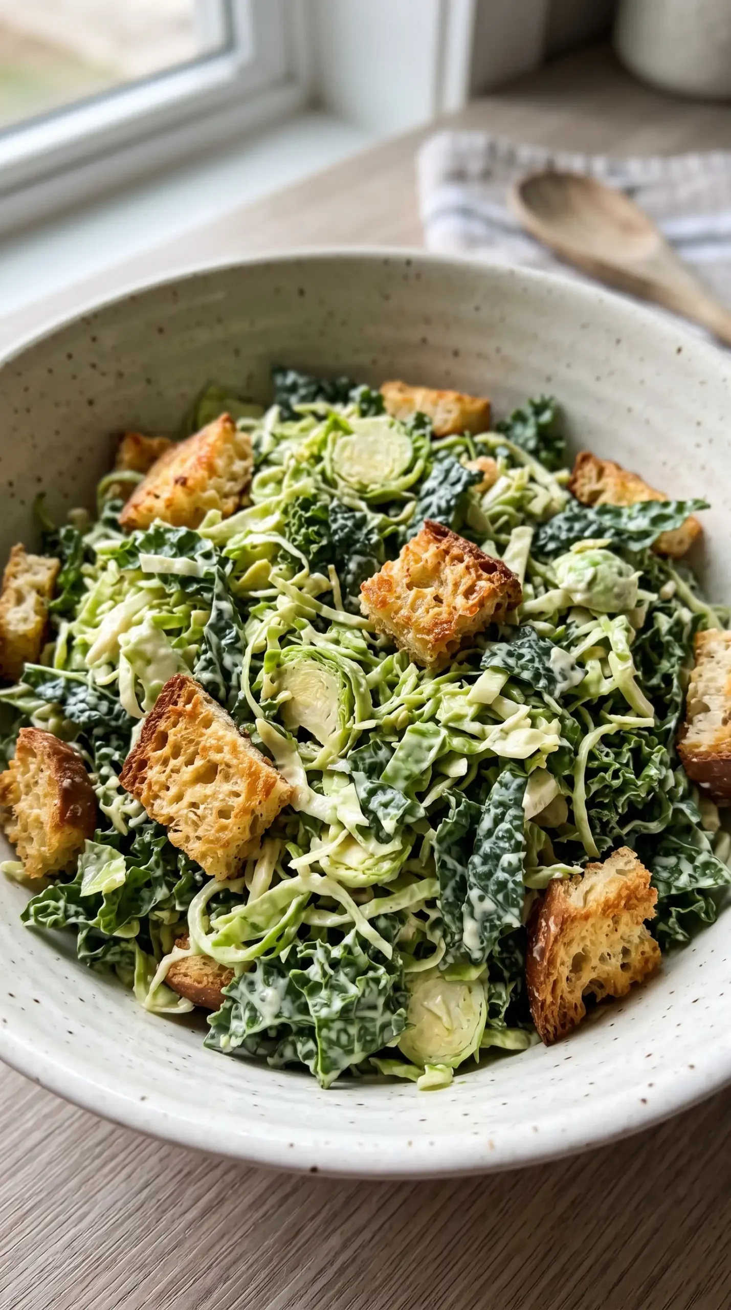 Shredded Brussels sprouts and kale Caesar salad coated with avocado dressing and crouton pieces