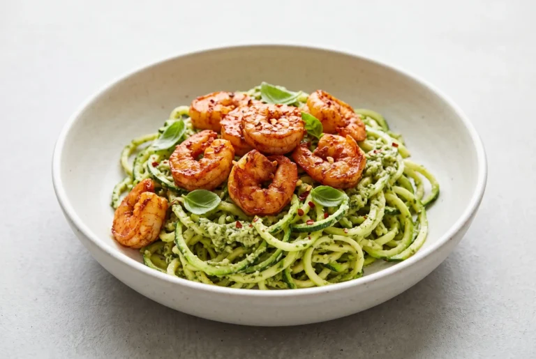 Shrimp pesto noodles with spicy shrimp and zucchini noodles in a bowl with green pesto sauce