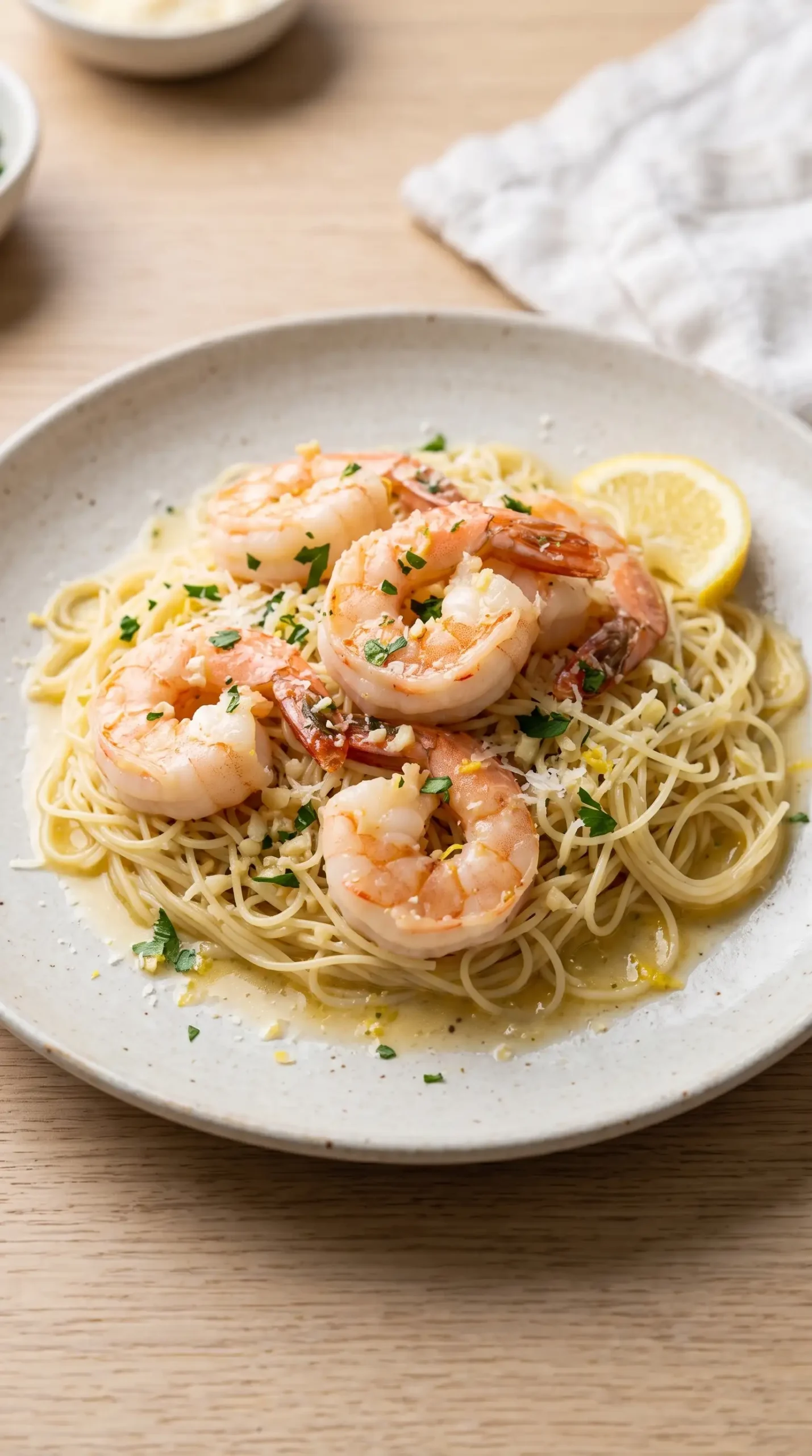 Shrimp scampi with capellini noodles, lemon, parsley, and Parmesan on a ceramic plate