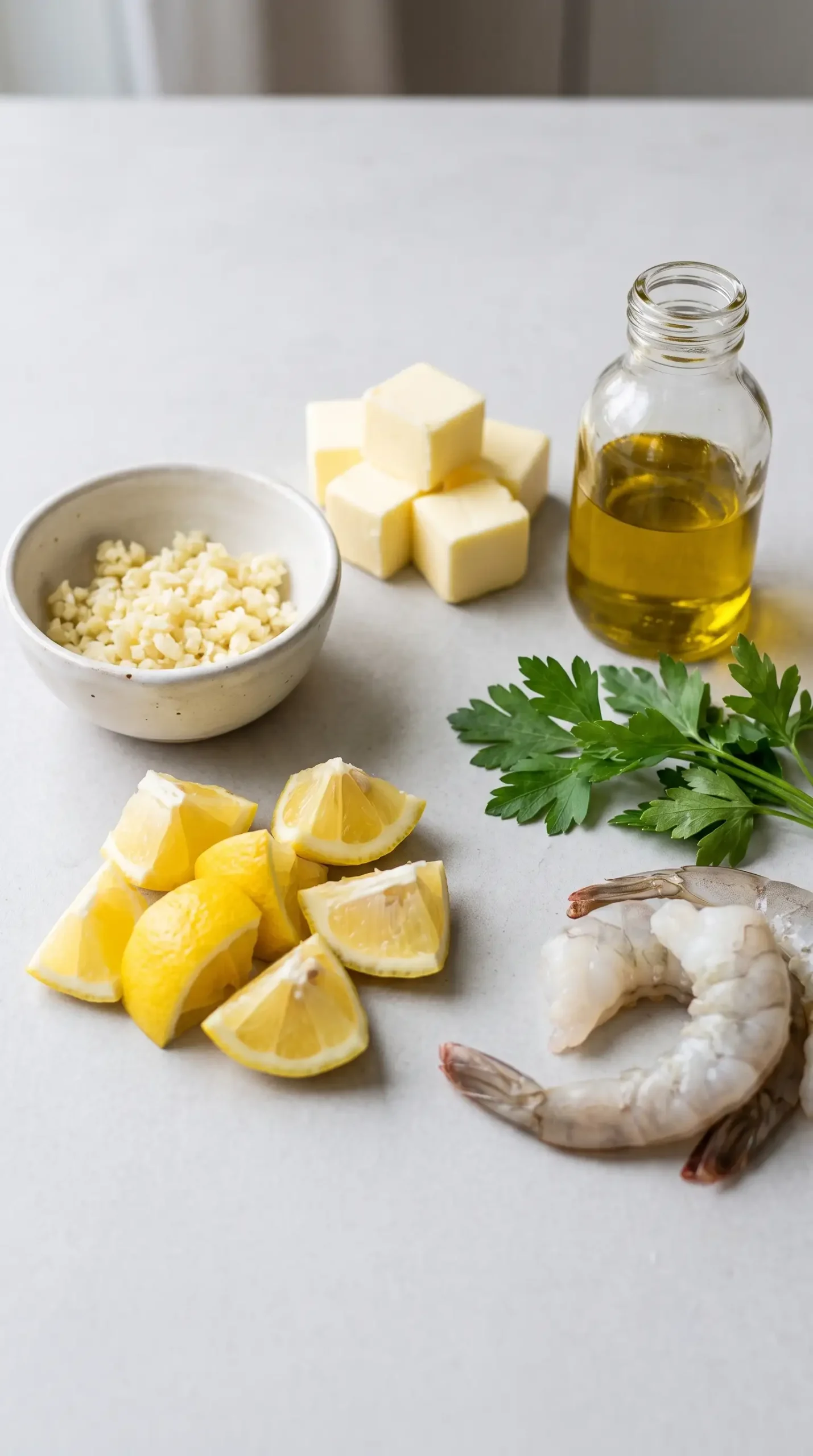 Garlic, lemon, butter, parsley, olive oil, and shrimp prepared for shrimp scampi