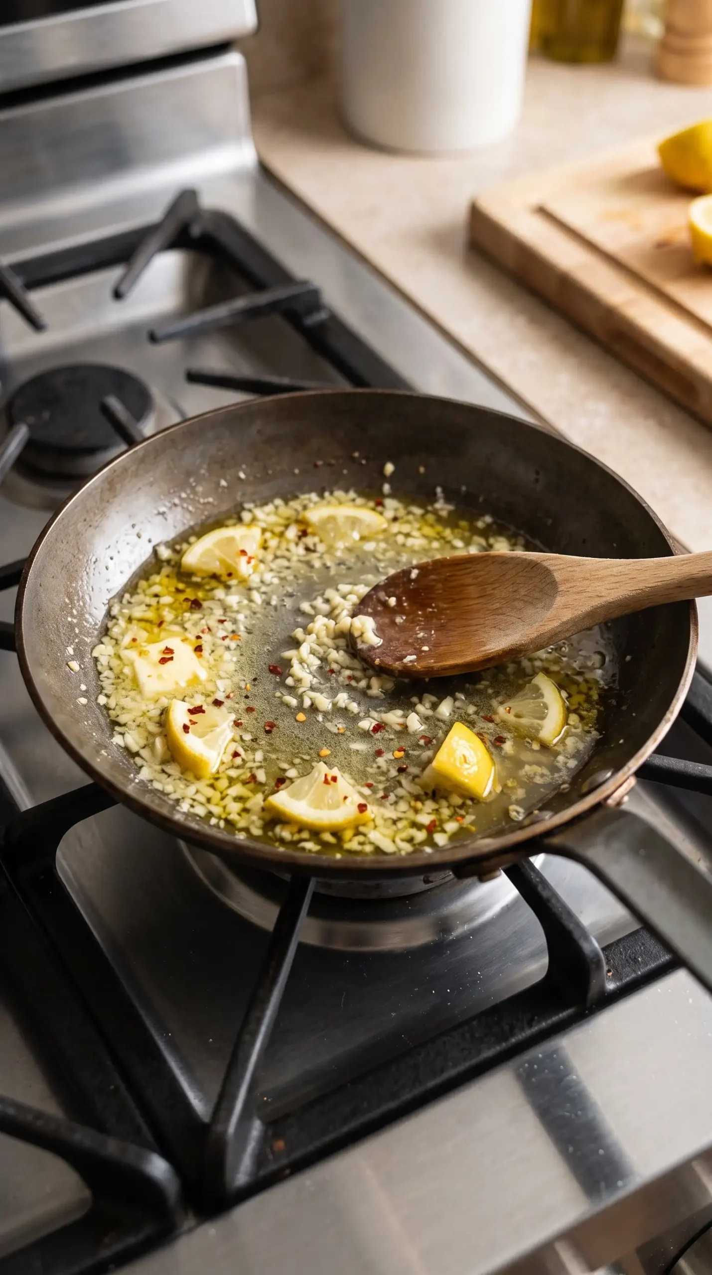 Garlic lemon butter sauce and white wine reducing in a skillet for shrimp scampi