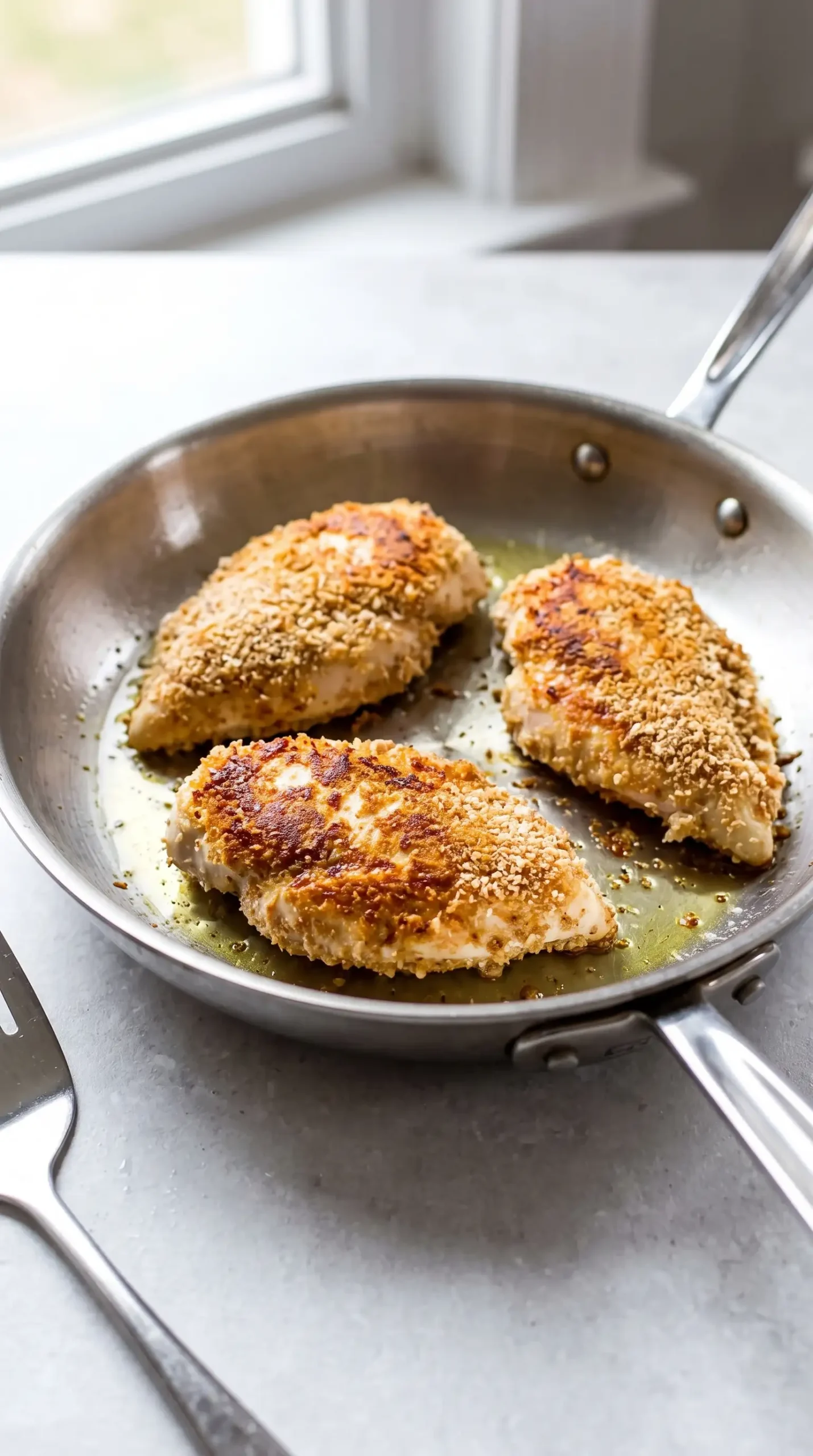 Breaded chicken breast browning in an ovenproof skillet before baking