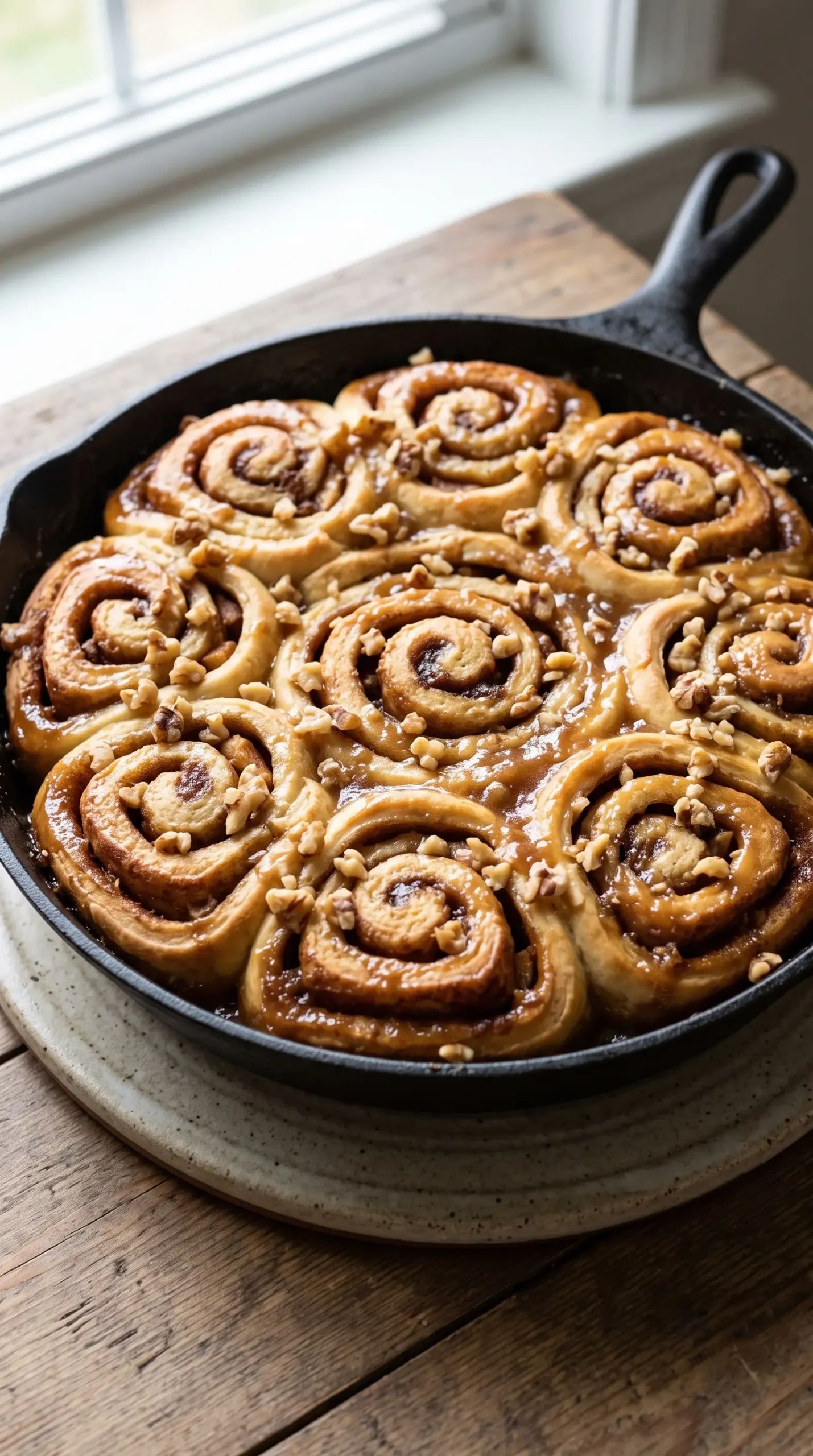 Skillet of baked caramel rolls with apples, caramel sauce, and walnut pieces