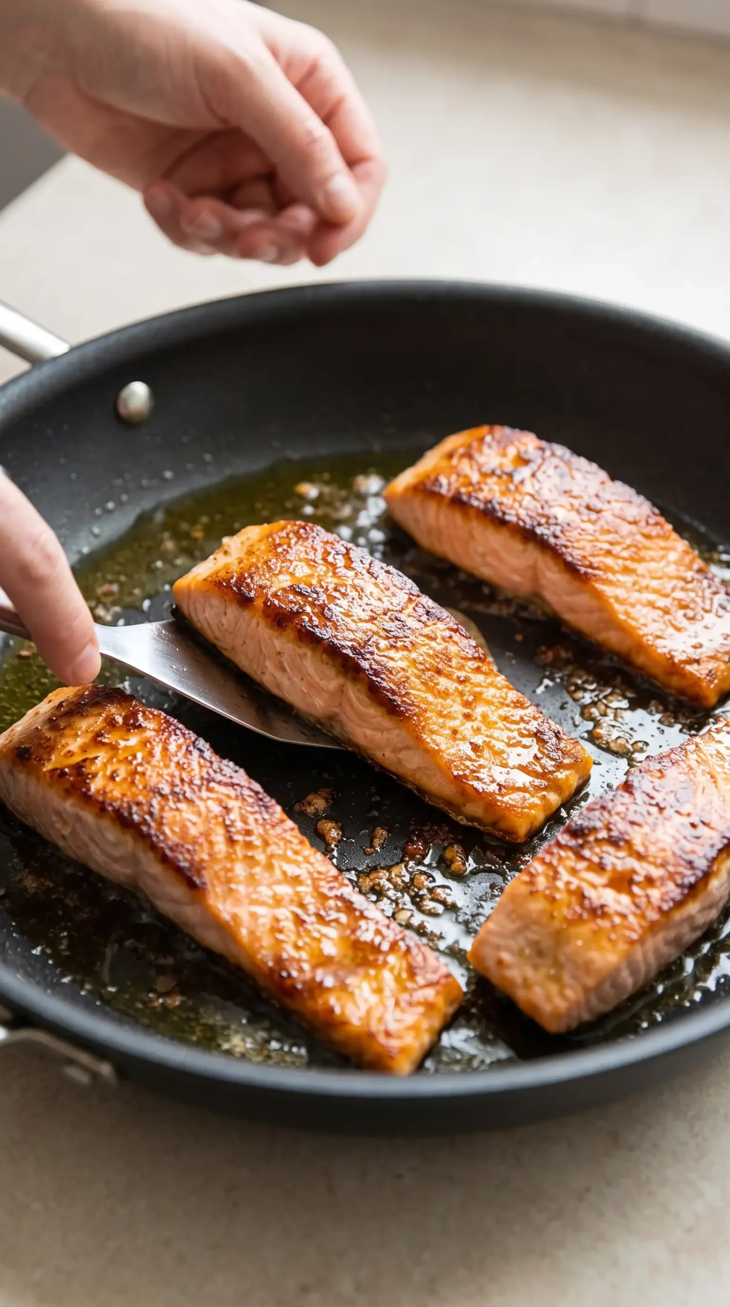 Skin-on salmon fillets cooking in a skillet with a developing caramelized crust