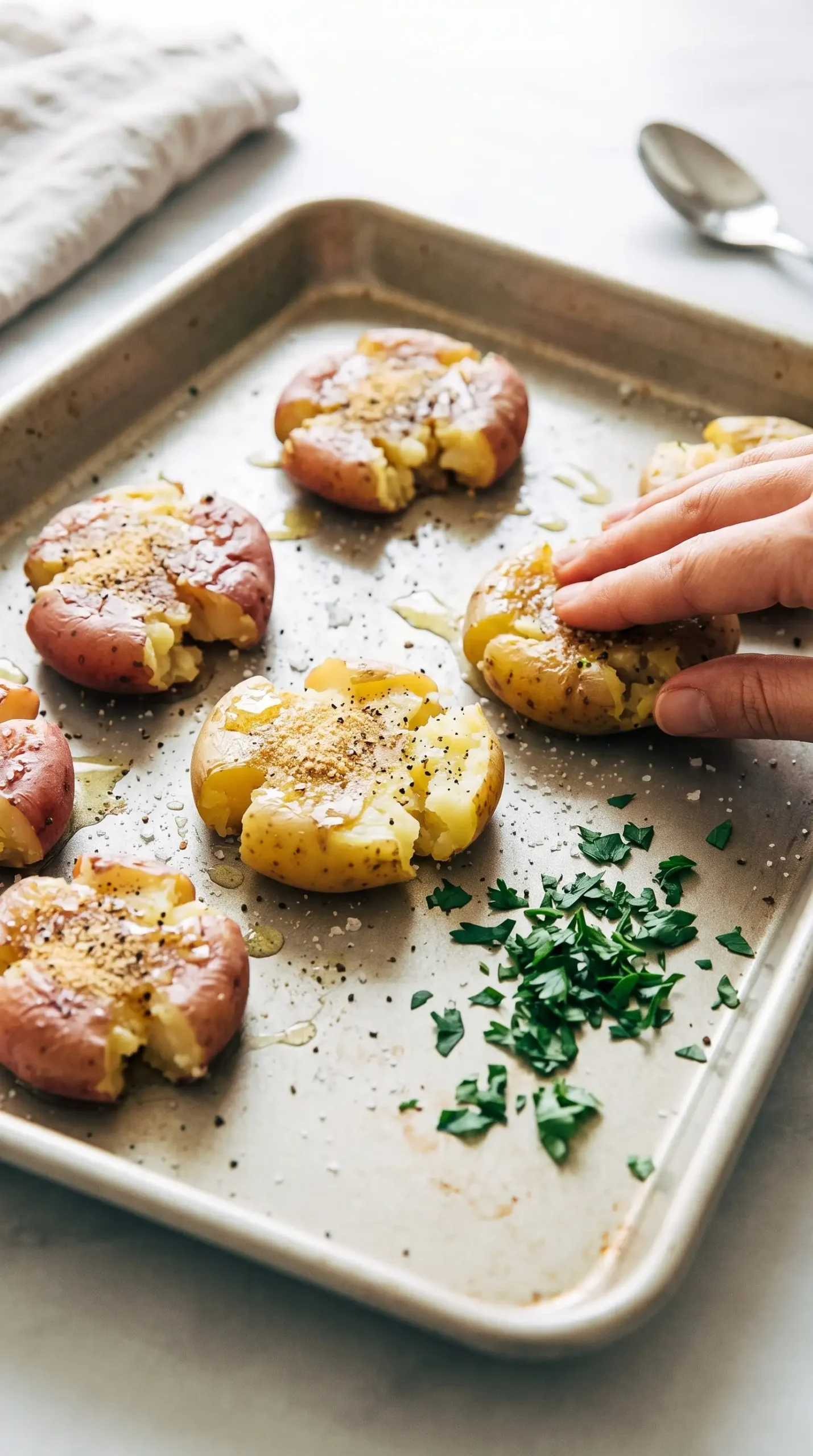 Small boiled potatoes flattened on a baking sheet before roasting for smashed potatoes
