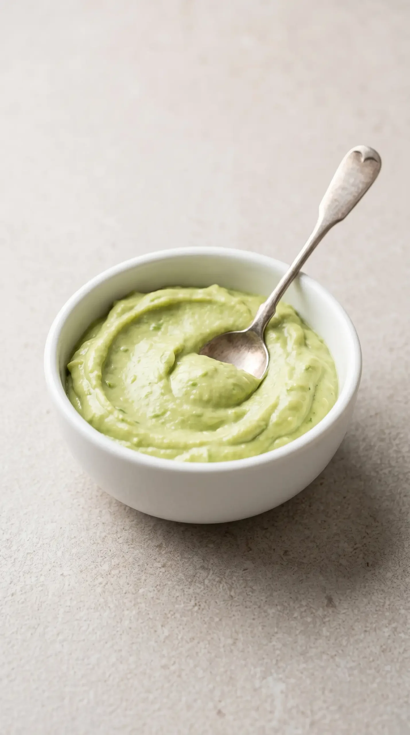 Smooth avocado dip in a ceramic bowl showing a creamy scoopable texture