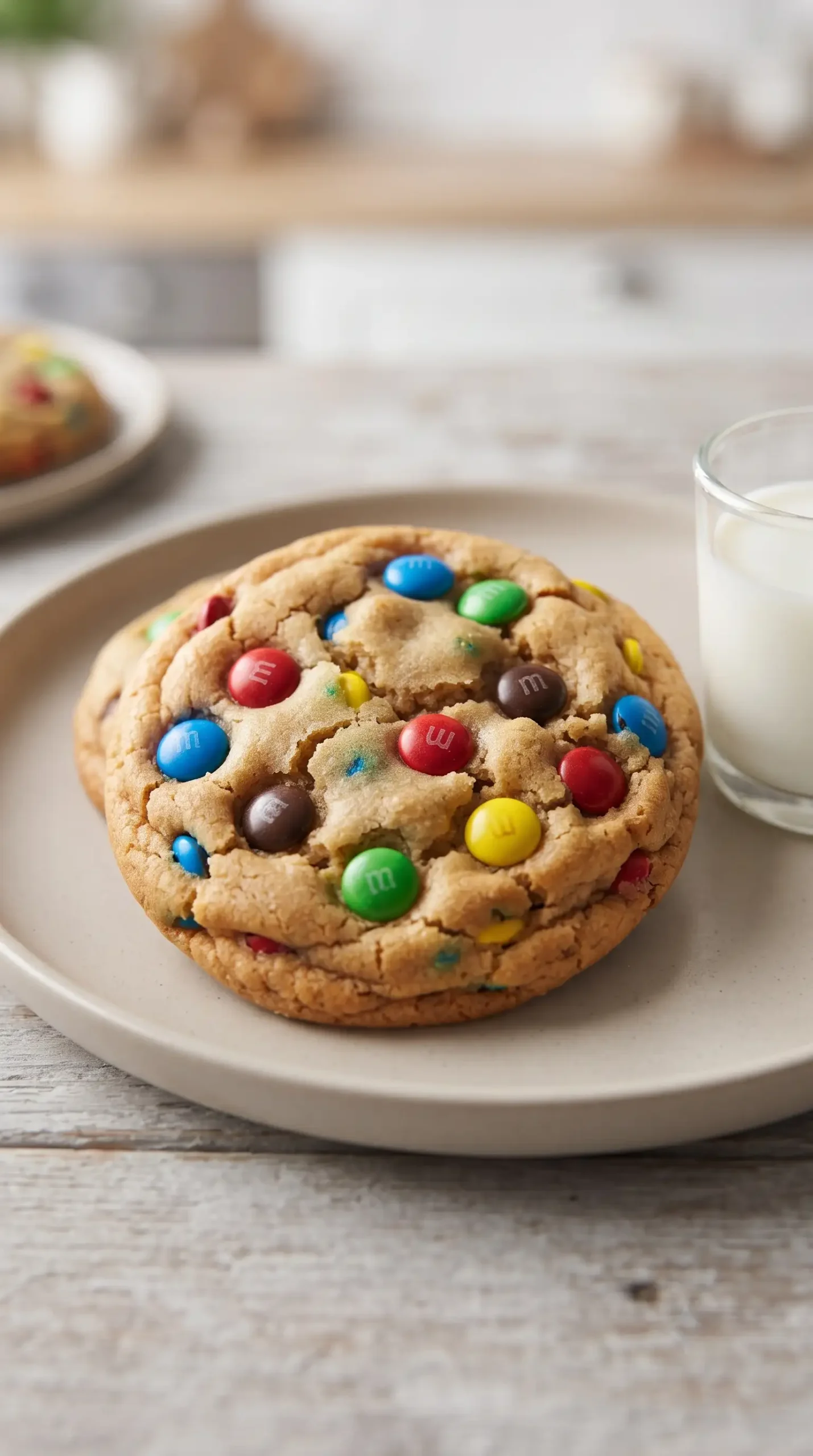Finished soft M&M cookie with colorful candies and golden edges