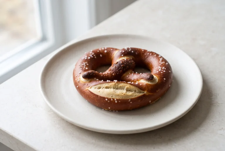 Soft pretzels with golden crust and coarse salt on a ceramic plate