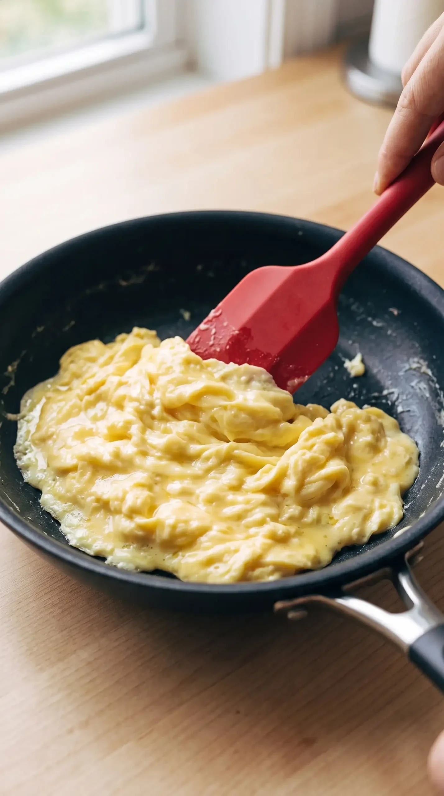 Soft scrambled eggs cooking in a skillet for a croissant breakfast sandwich filling