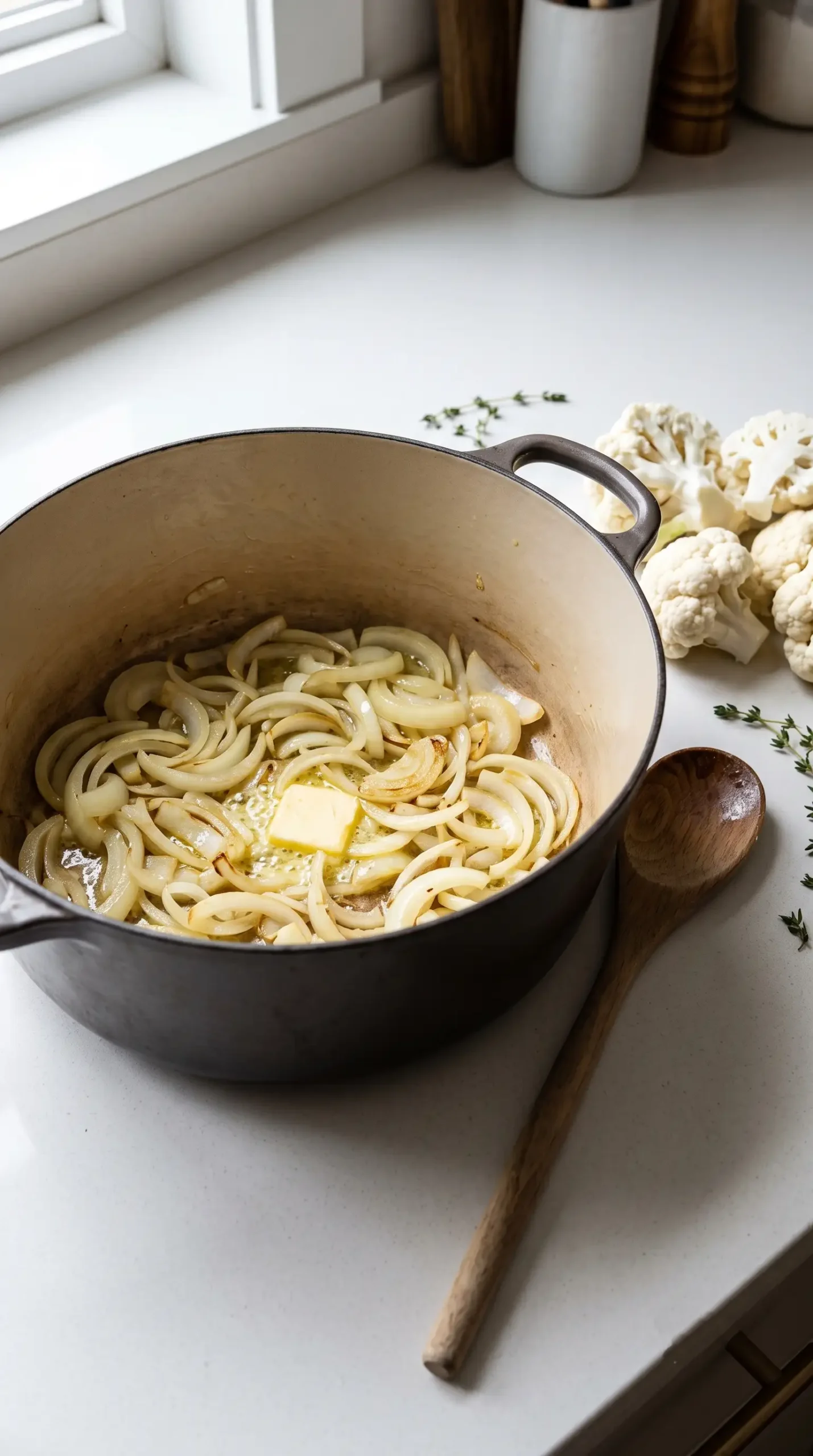Sliced onions softening in butter in a pot with cauliflower florets ready for soup