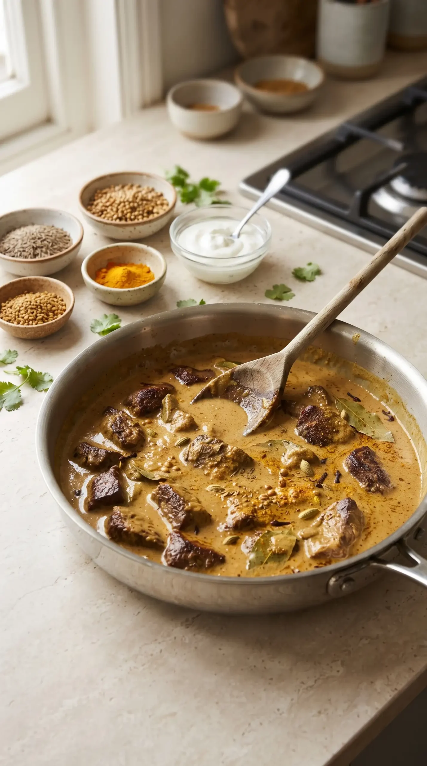 Spiced beef cooking in a creamy yogurt sauce with warm spices for beef biryani