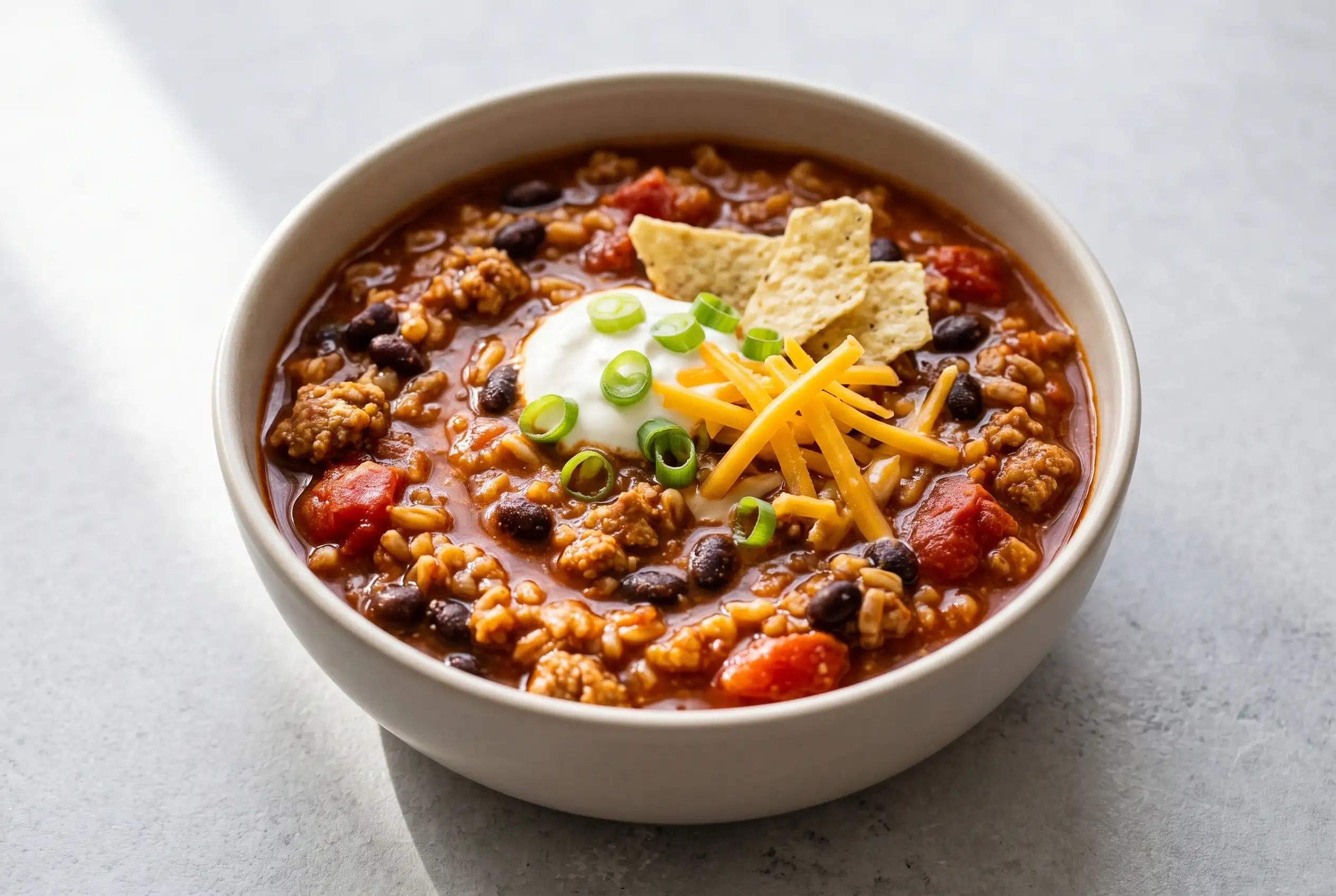 Bowl of spicy turkey chili with fire roasted tomatoes, beans, farro, and fresh toppings