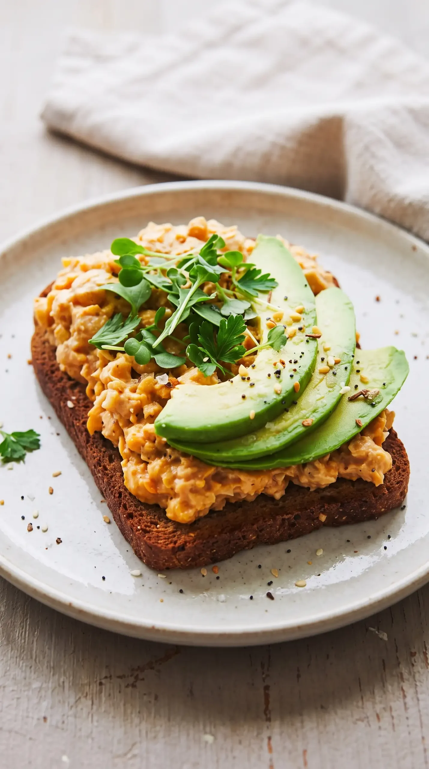 Toast topped with spicy chickpea salad, avocado, greens, and seasoning
