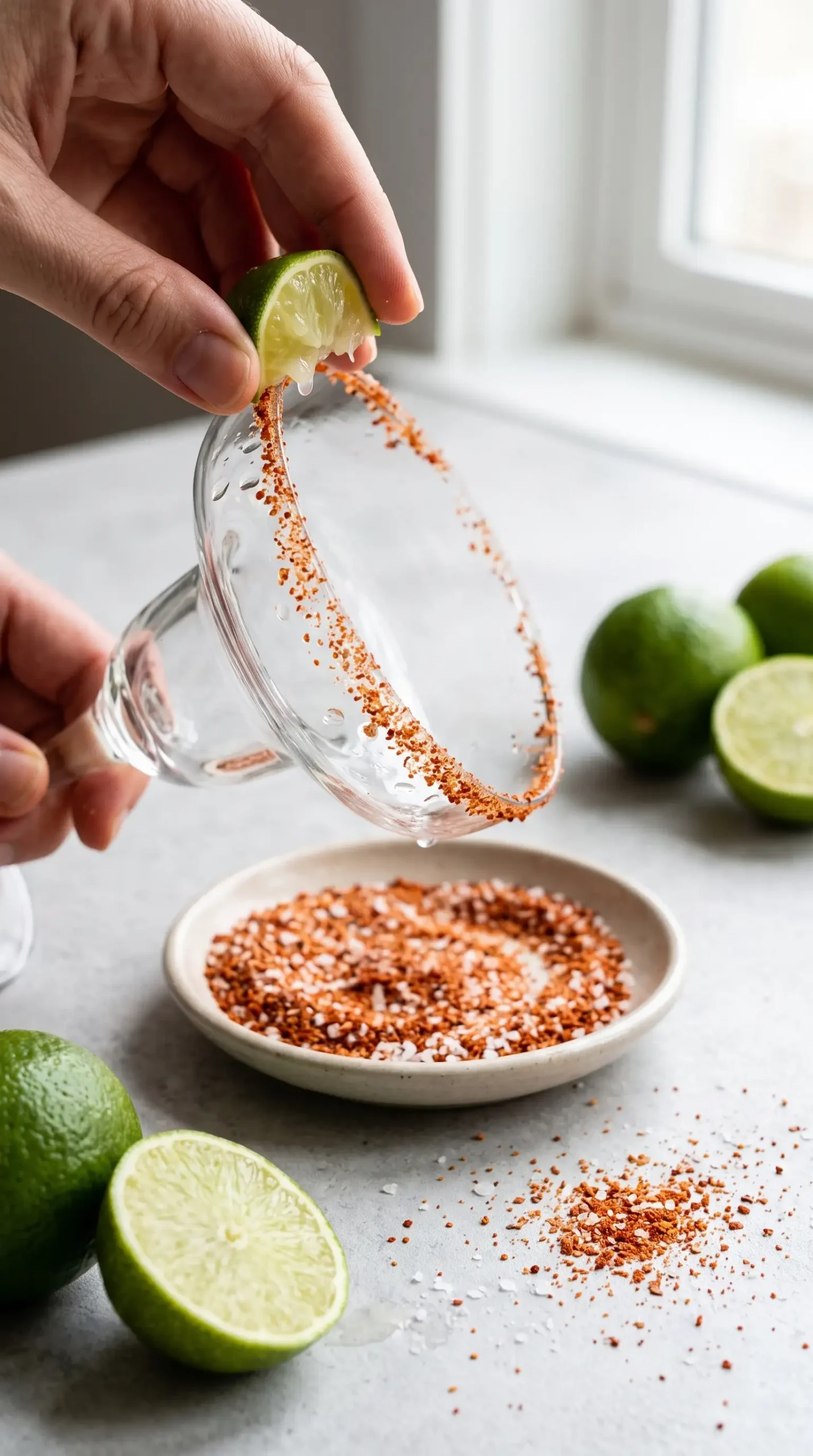Margarita glass rim dipped in Tajín, salt, and sugar seasoning