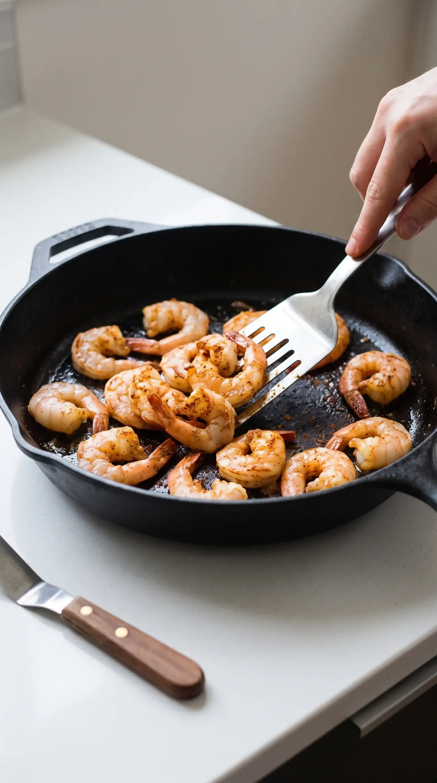 Spicy seasoned shrimp cooking in a skillet for pesto zucchini noodles