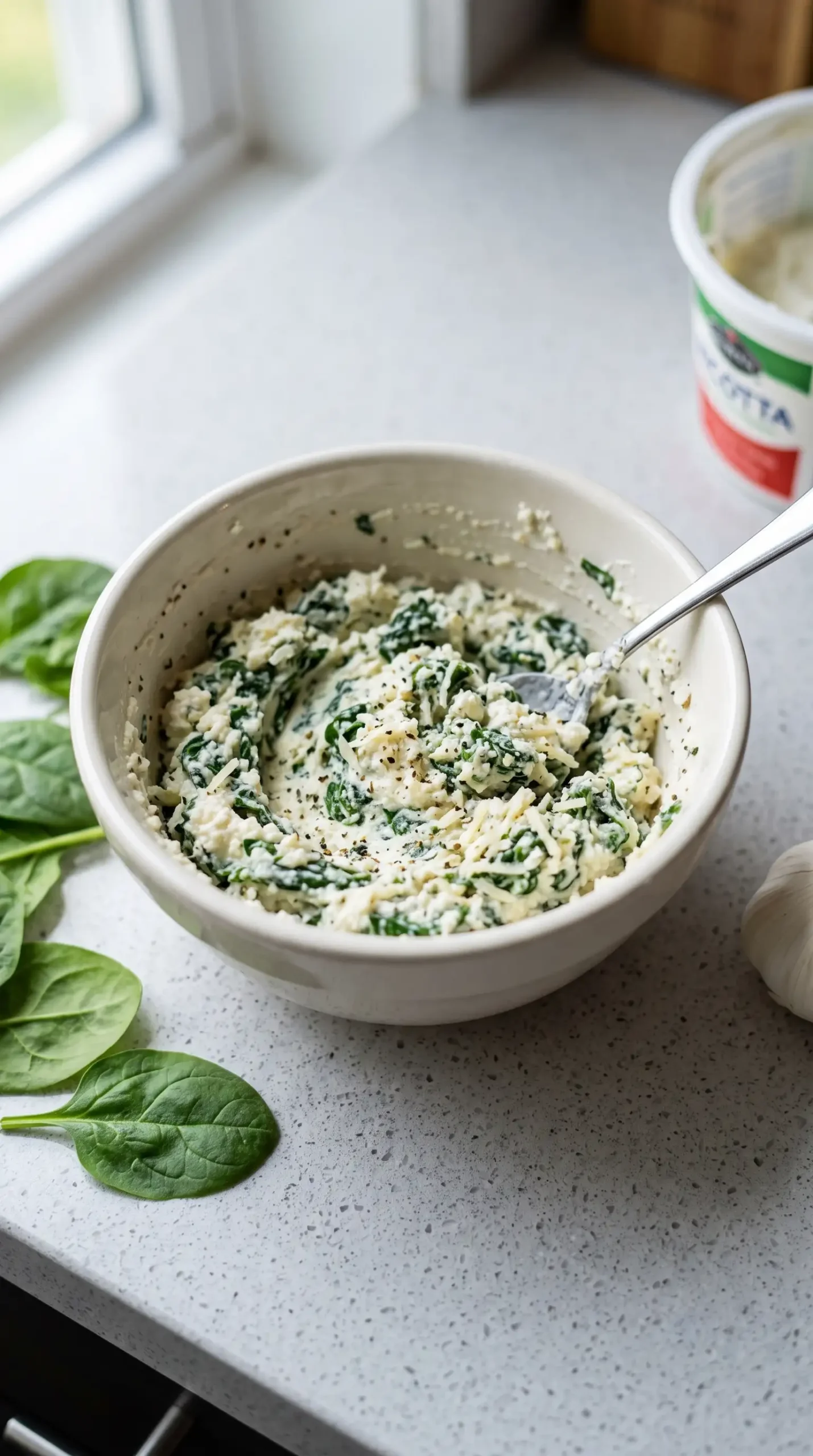 Spinach ricotta filling with chopped spinach, Parmesan, and seasonings in a bowl