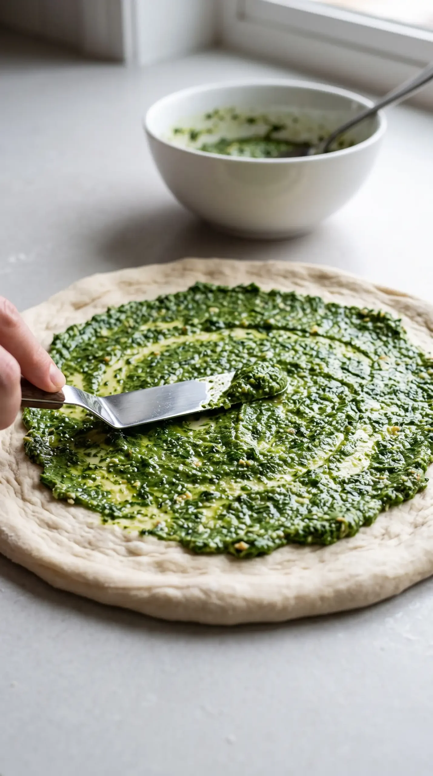 Kale pesto spread across pizza dough before adding breakfast pizza toppings