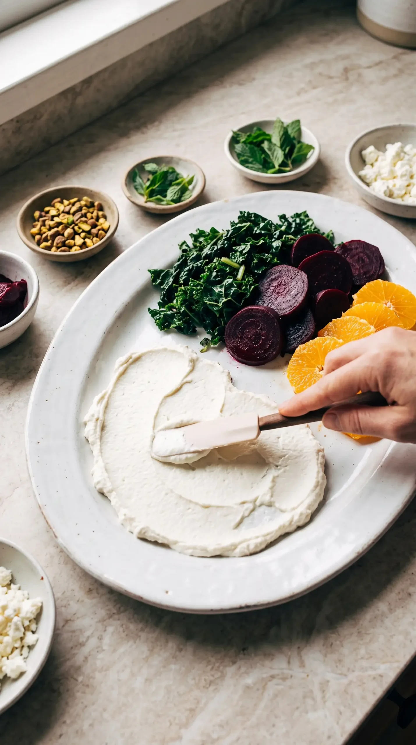 Ricotta being spread as the base layer for a beet salad with kale, beets, and oranges