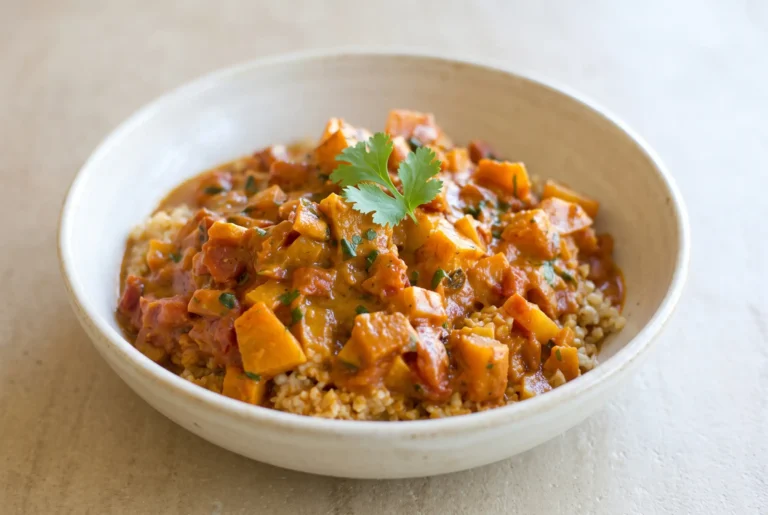 Squash coconut curry with creamy coconut sauce, tomatoes, squash, bulgur, and cilantro in a bowl