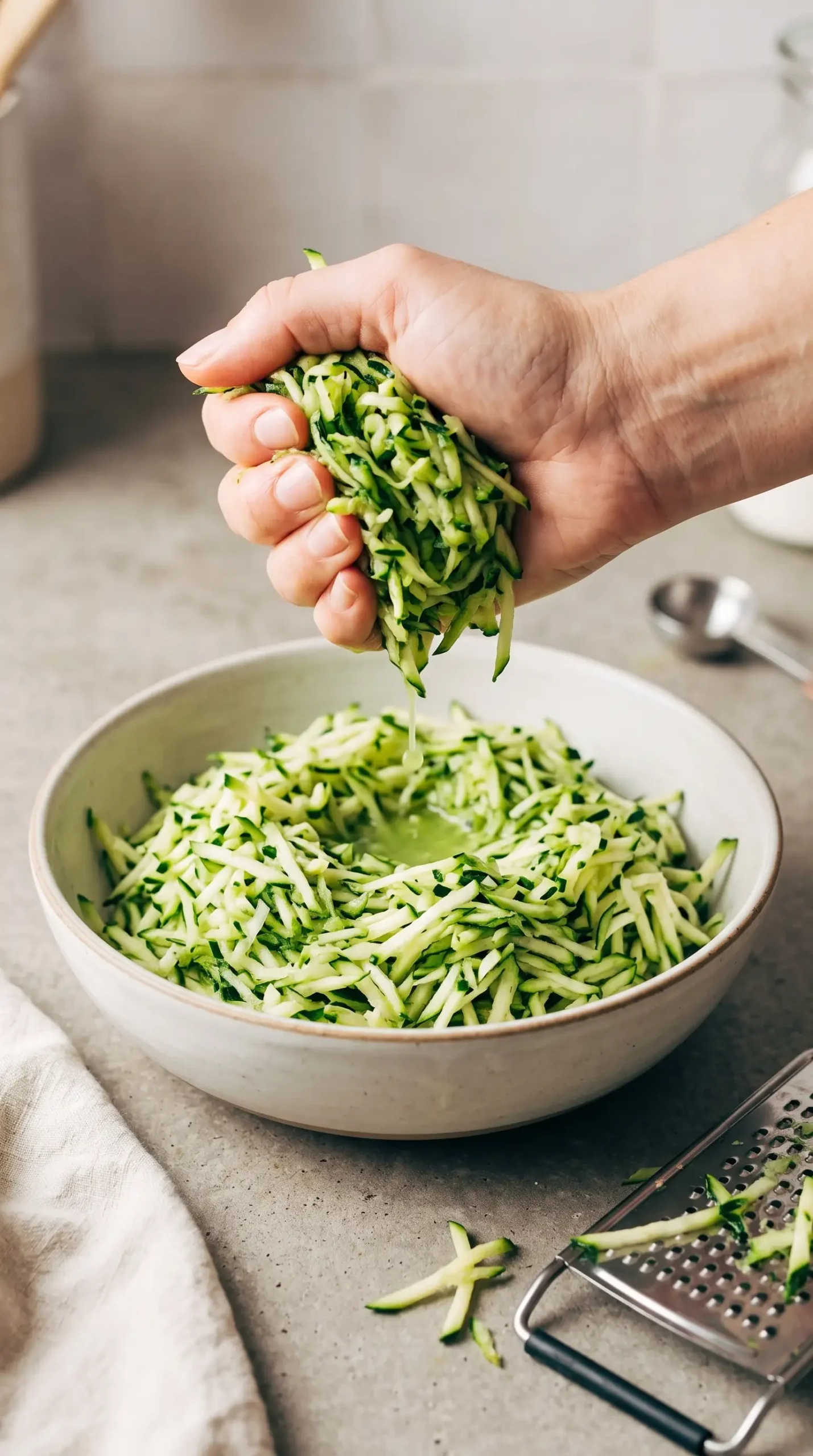 Grated zucchini being squeezed to remove moisture before making zucchini bars