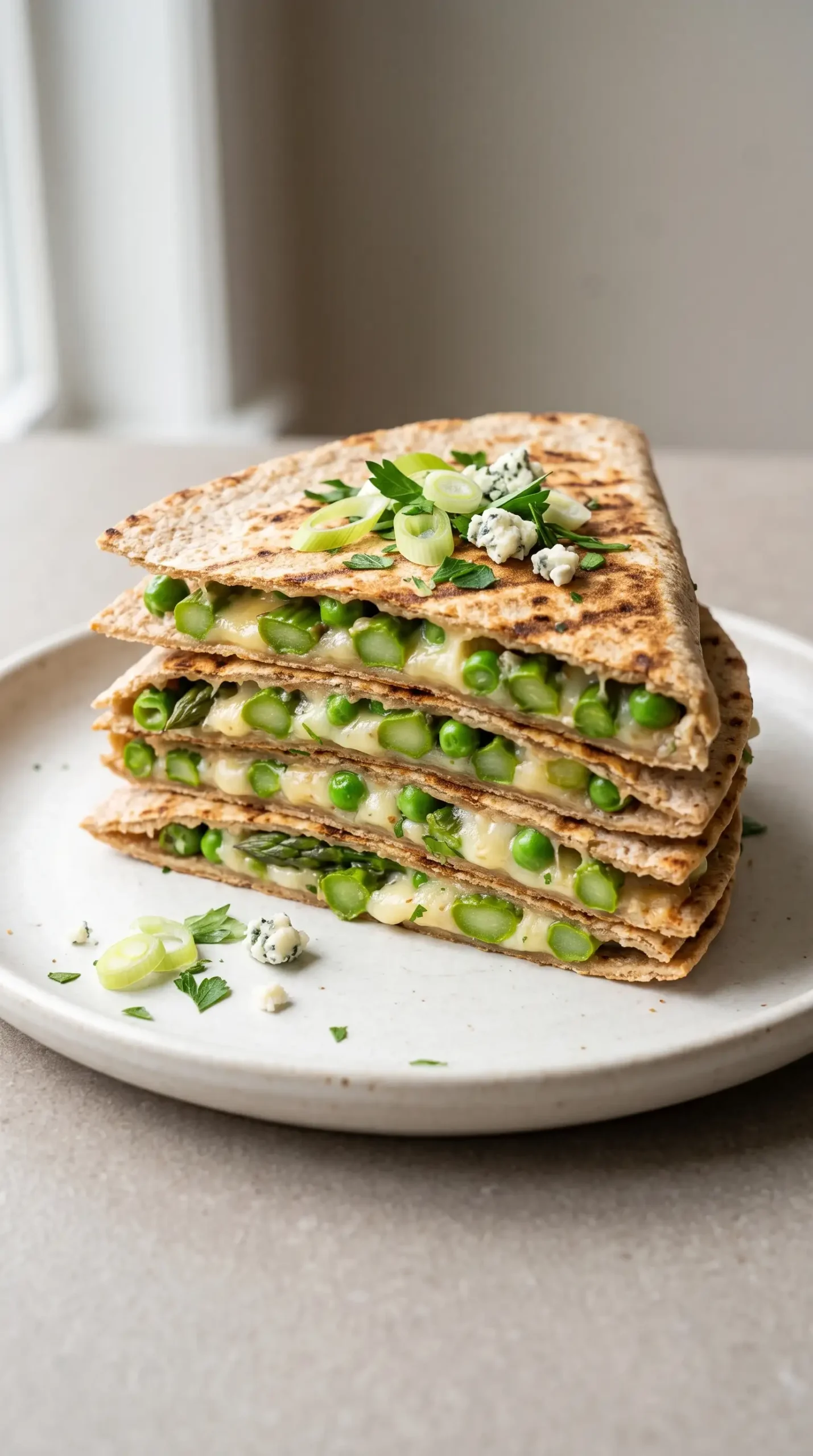 Stacked asparagus quesadilla lasagna wedges showing tortilla, vegetable, and cheese layers