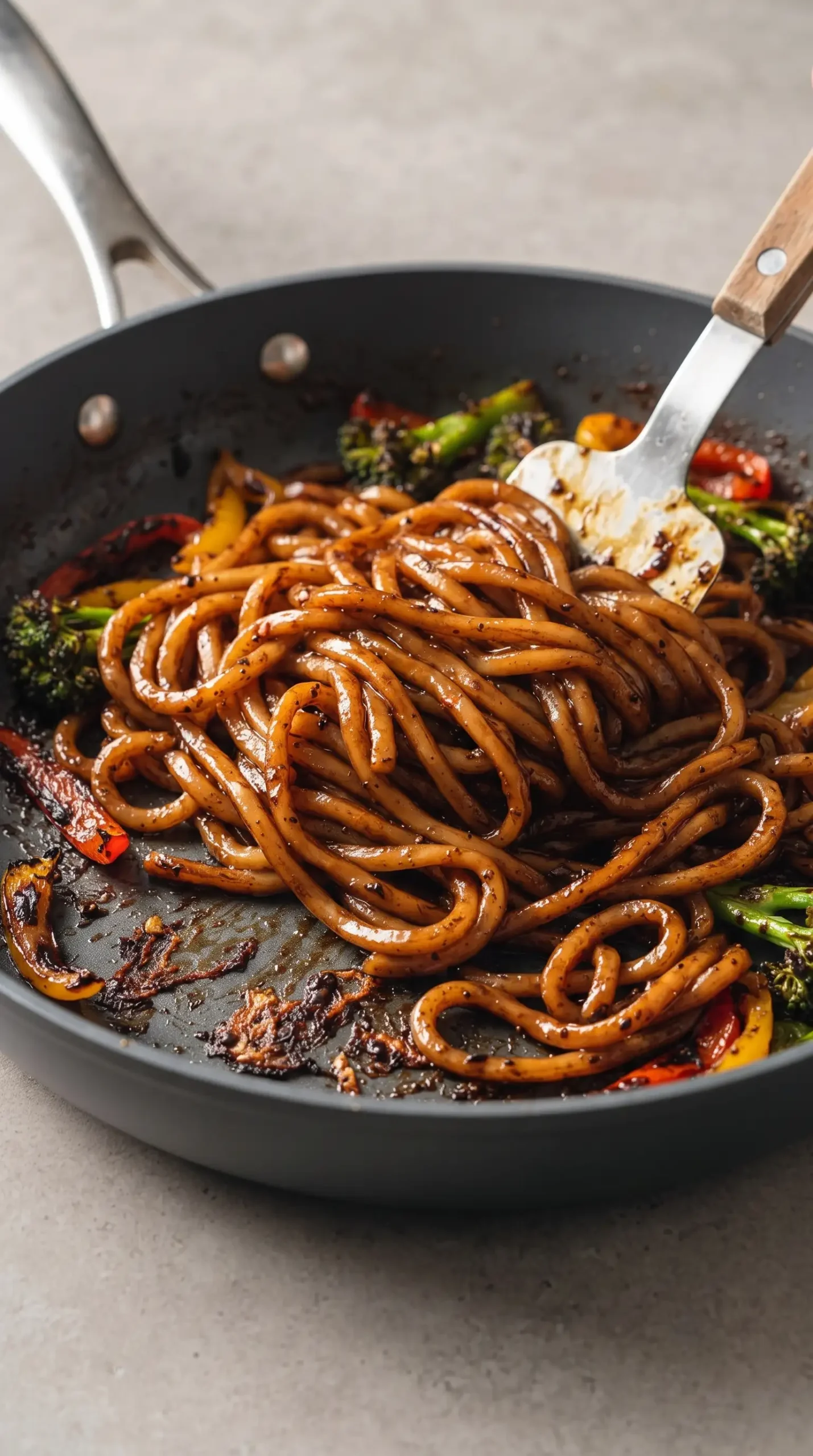 Udon noodles stir-frying in a skillet with glossy sauce and developing caramelized edges