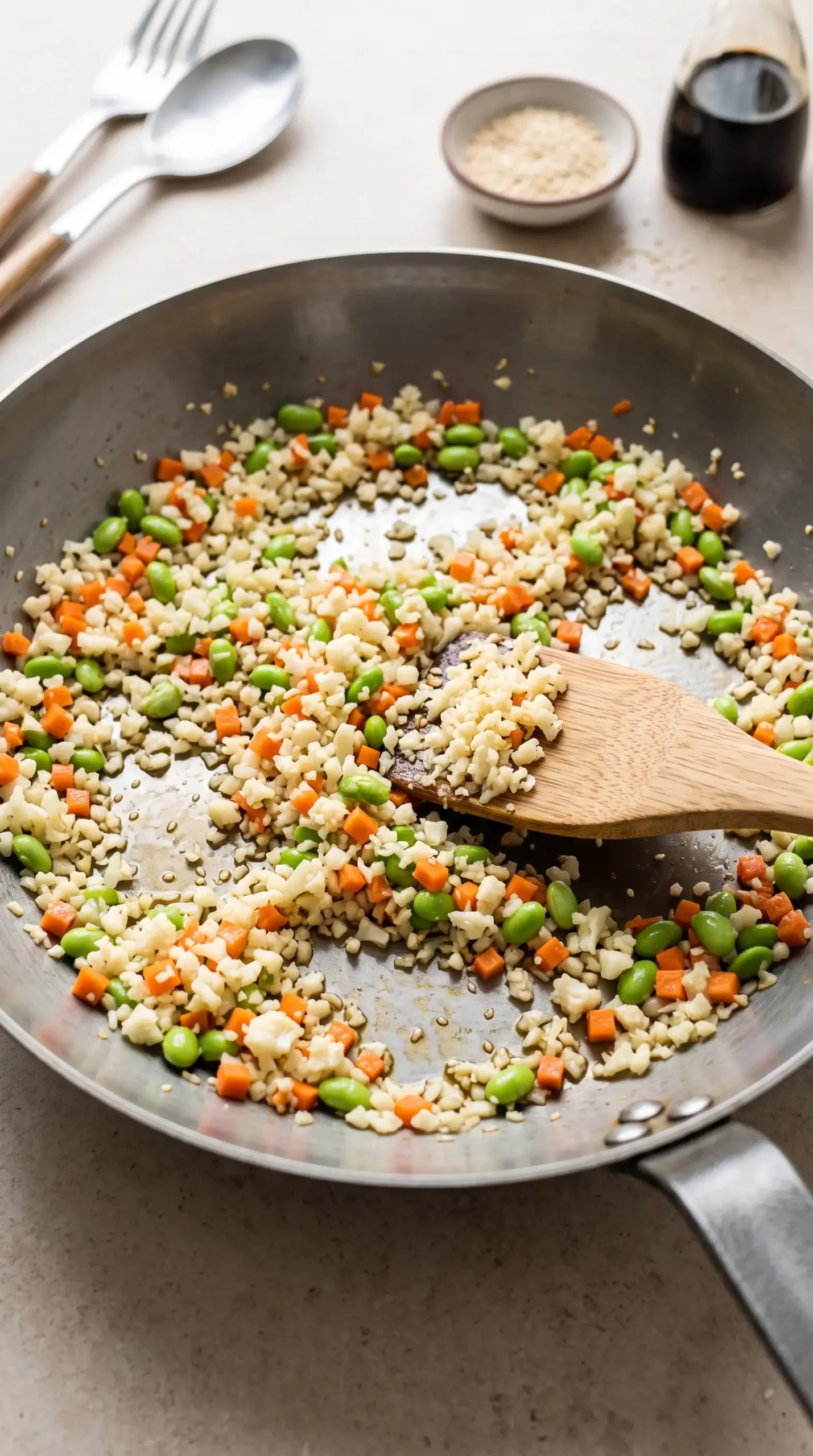 Cauliflower rice, carrots, edamame, and garlic stir-frying in a skillet