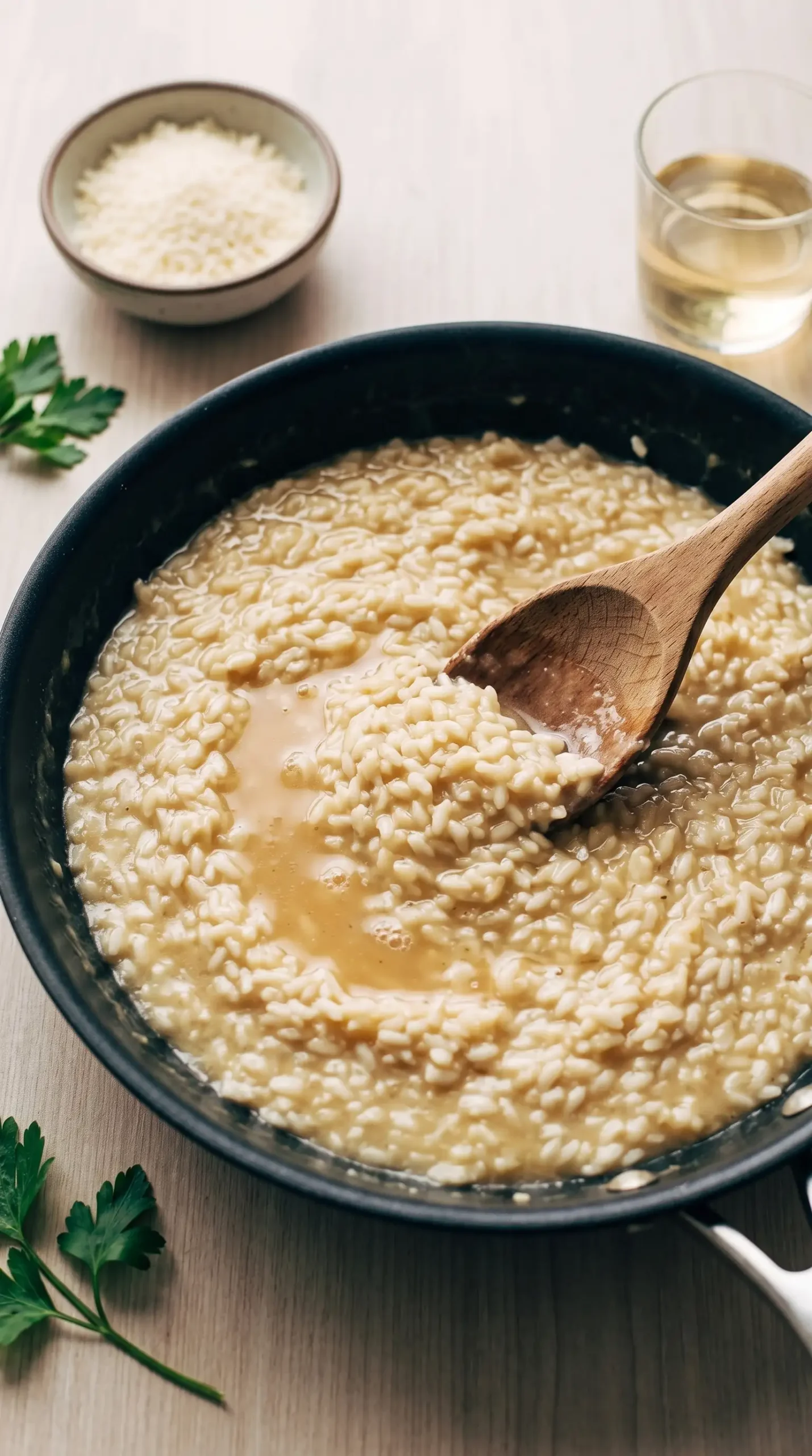 Creamy Arborio risotto being stirred in a skillet with Parmesan and broth