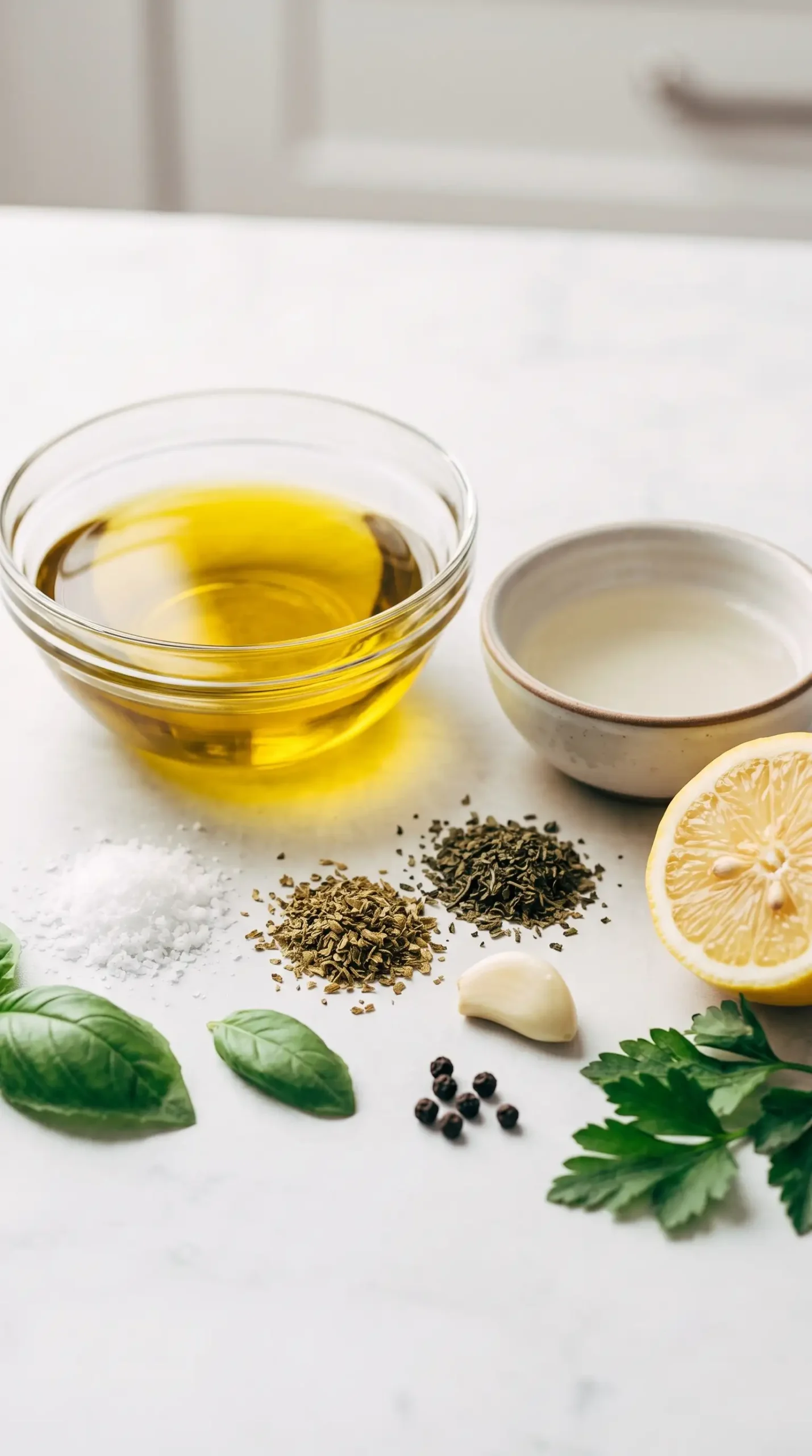 Ingredients for sunshine sauce including olive oil, herbs, garlic, and vinegar