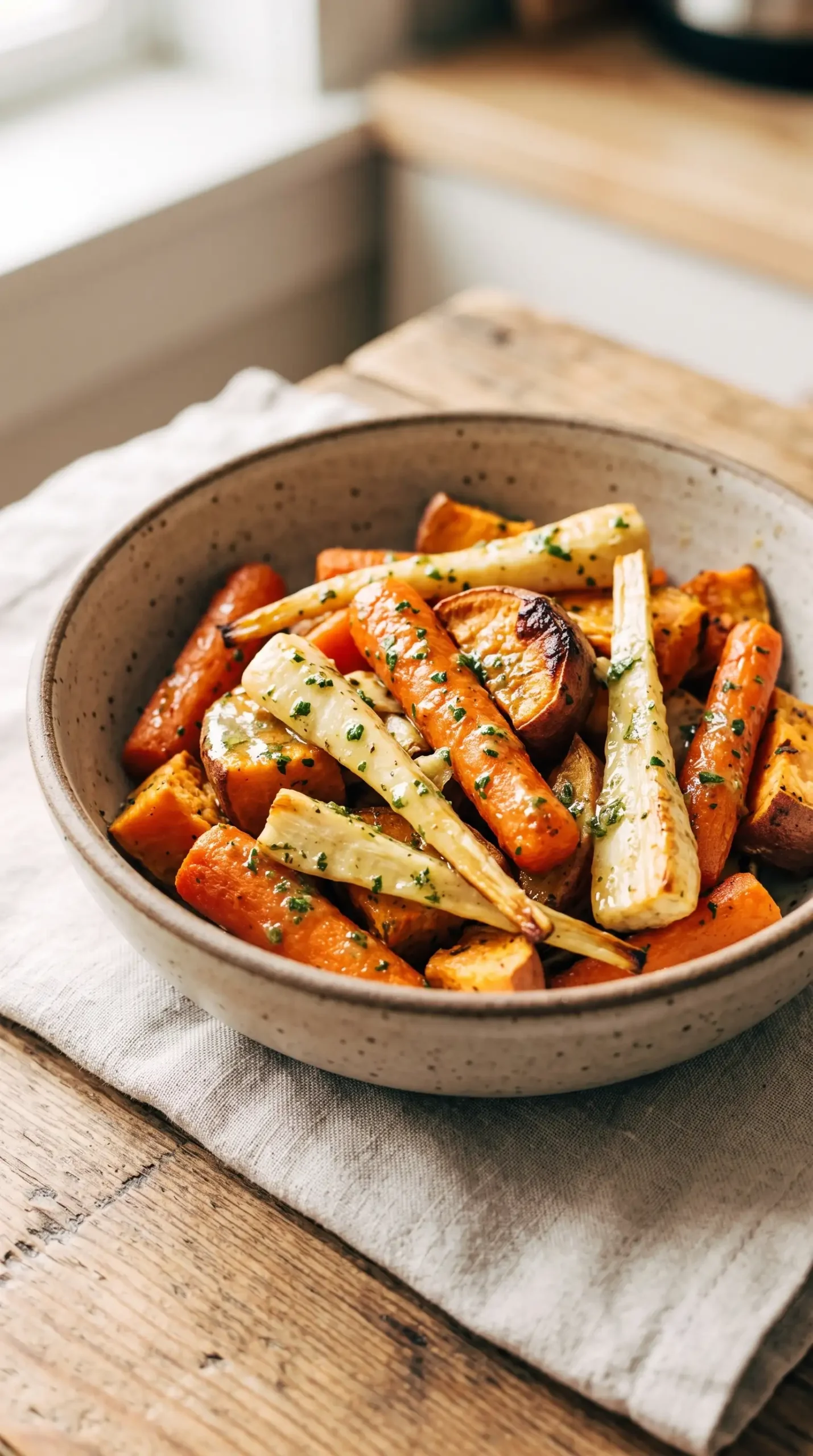 Roasted vegetables coated with creamy olive oil herb sunshine sauce