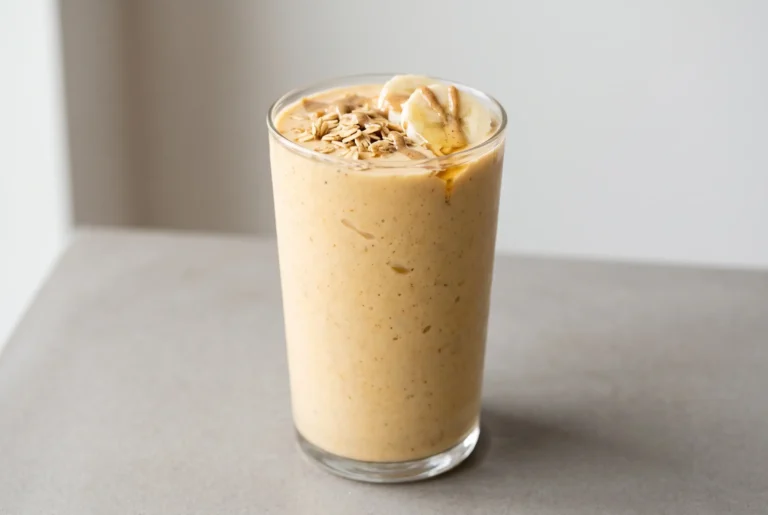 Sweet potato milkshake in a glass with almond butter drizzle, banana slices, and granola topping
