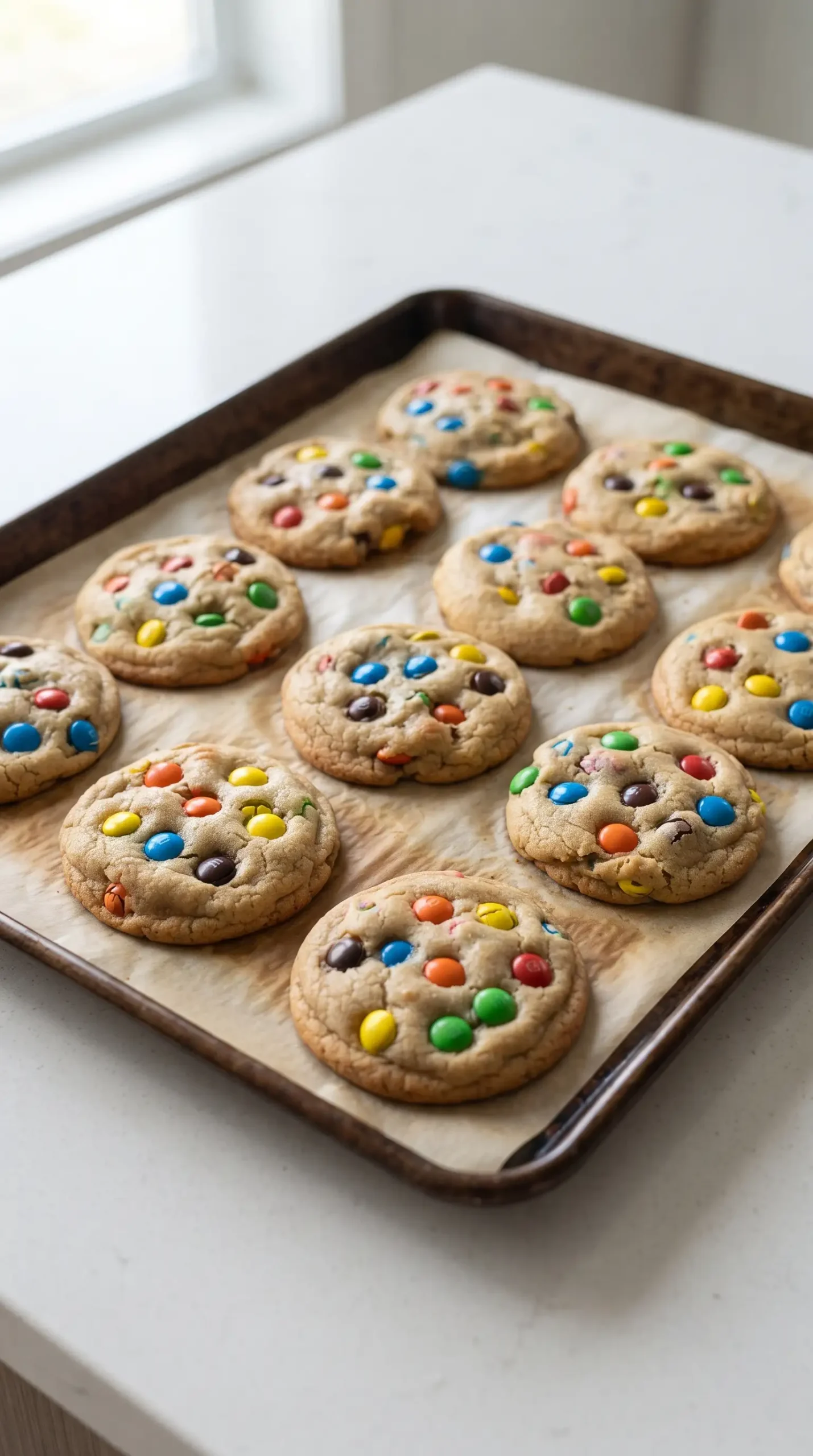 Thick M&M cookies baking on a sheet with soft centers
