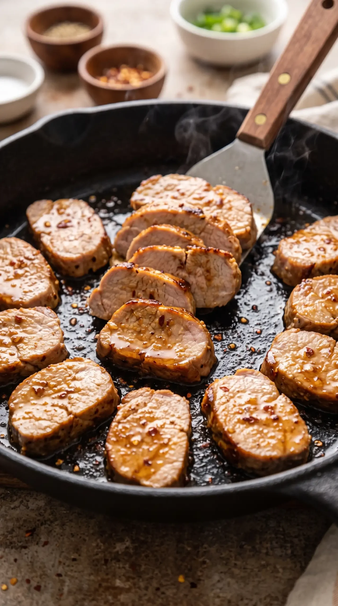 Thin sliced pork tenderloin searing in a hot skillet with browned edges
