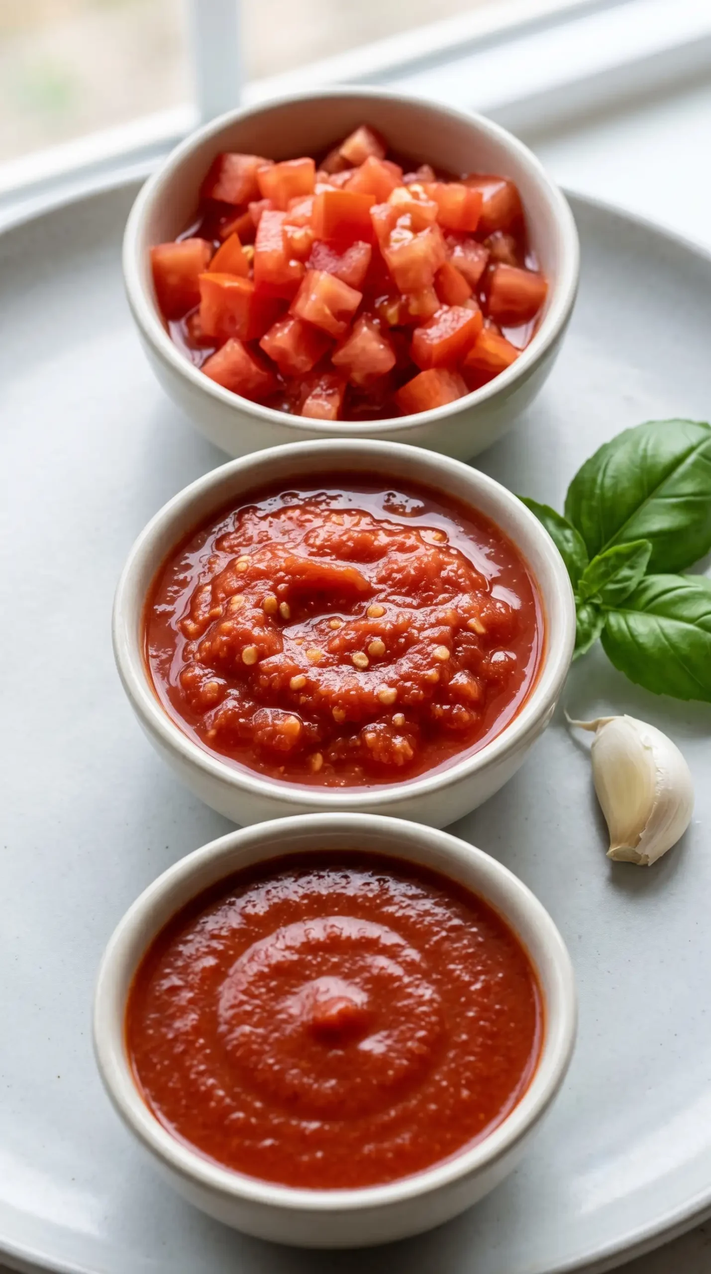 Diced tomatoes, crushed tomatoes, and tomato sauce for caprese rigatoni