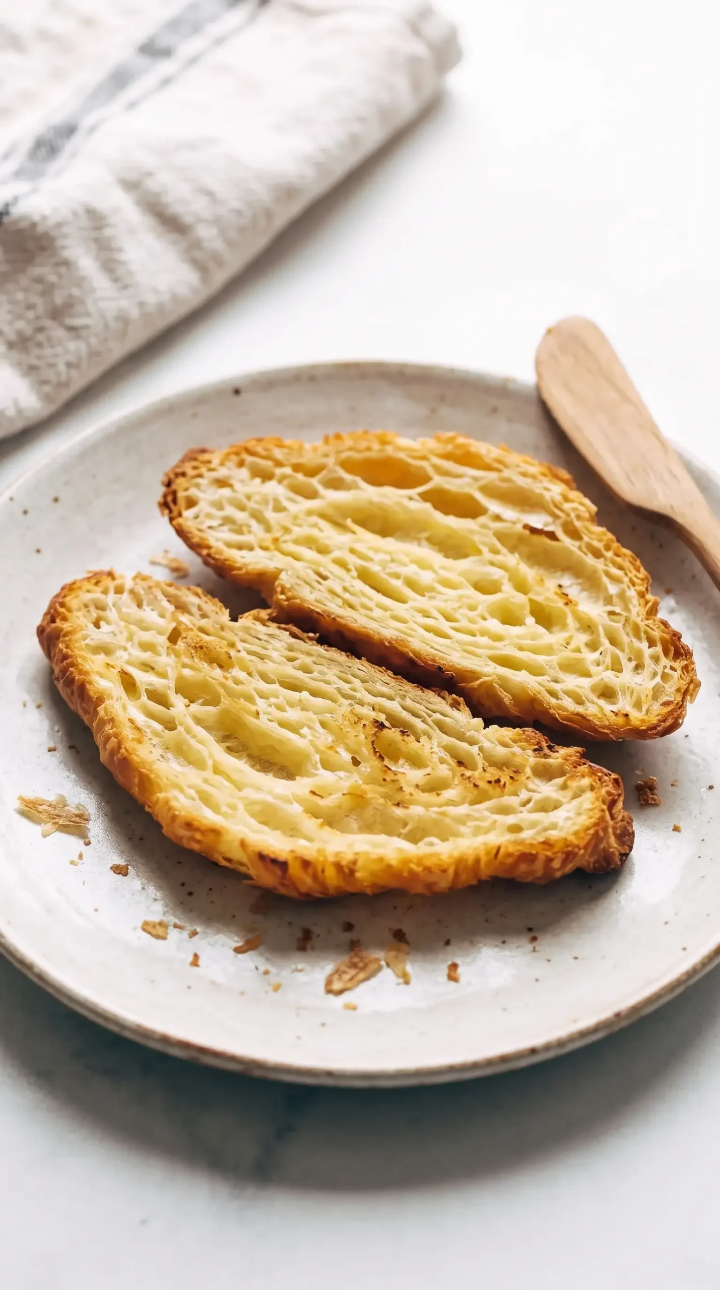 Toasted croissant halves showing flaky layers and crisp cut sides for a breakfast sandwich