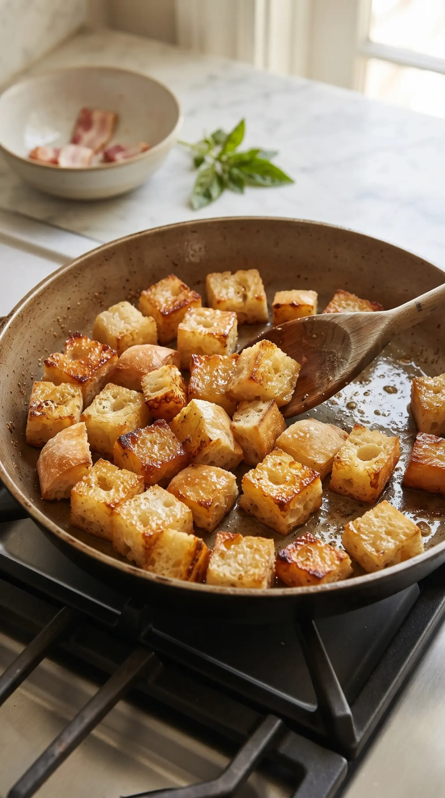 Ciabatta cubes toasting in bacon grease for BLT Panzanella salad
