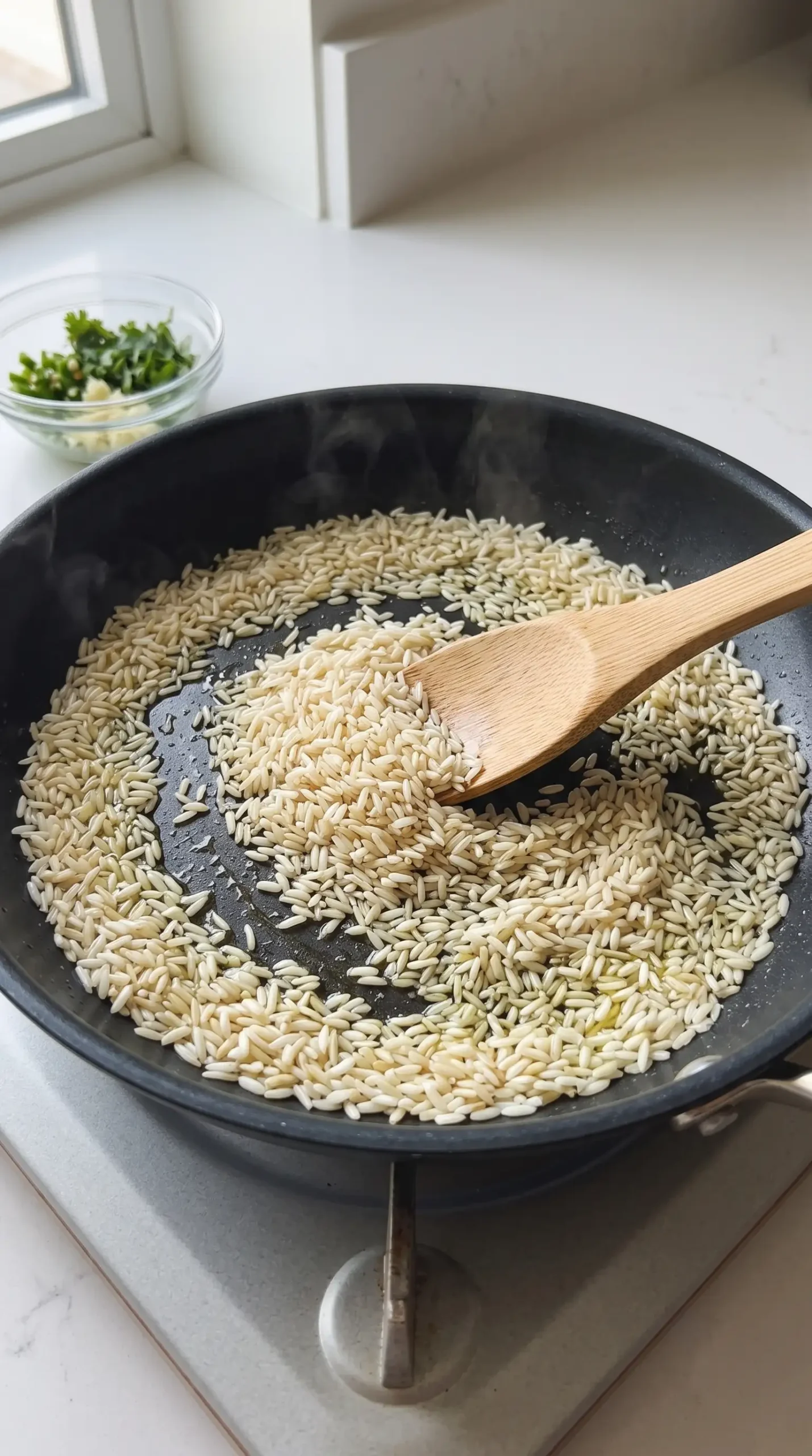 Long-grain rice toasted in a skillet with oil before adding liquid for green rice.