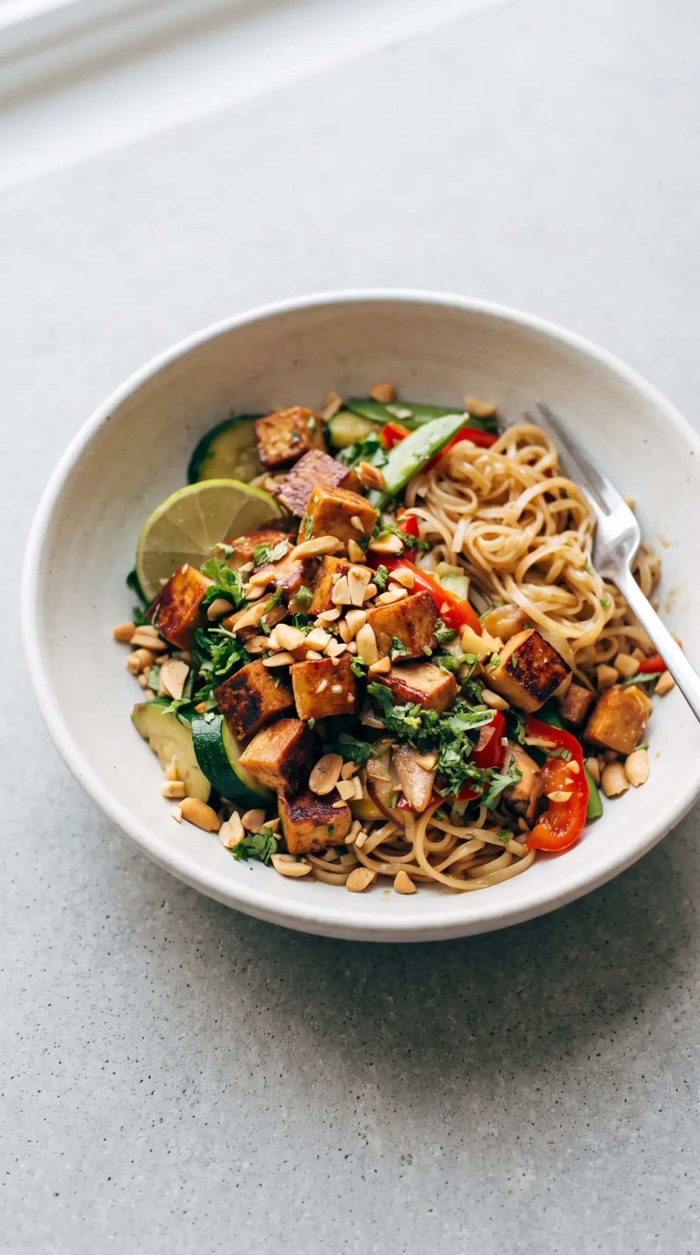 Tofu noodle stir fry with brown rice noodles, vegetables, peanuts, cilantro, and lime