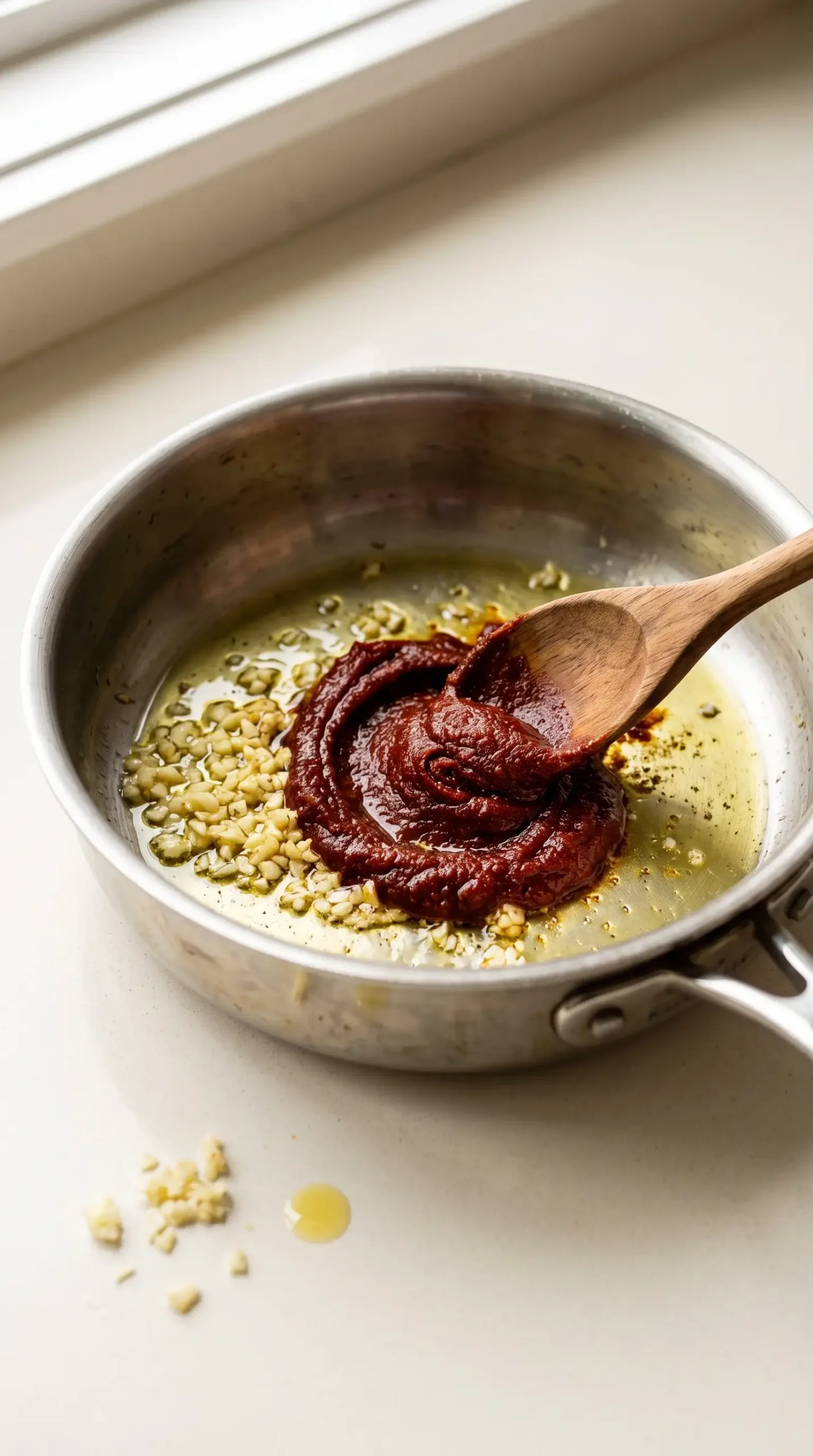 Tomato paste and garlic stirred in olive oil for vegan vodka pasta sauce