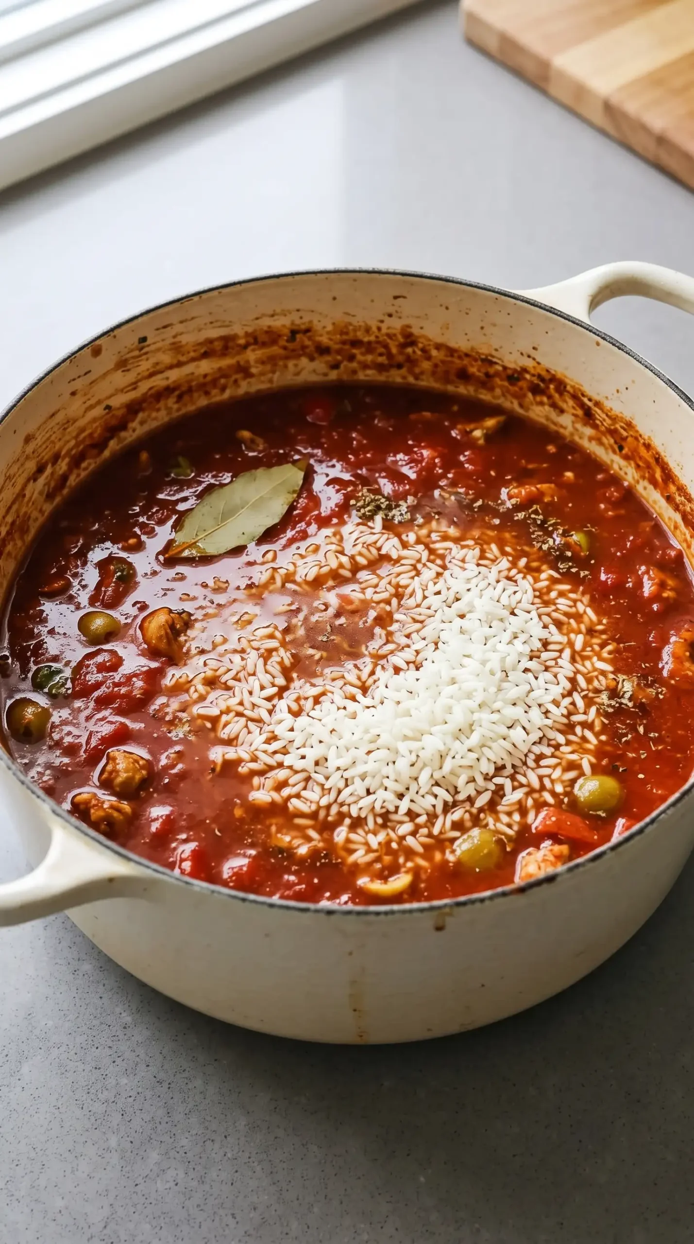 Seasoned tomato cooking liquid and uncooked rice in a Dutch oven for arroz con pollo