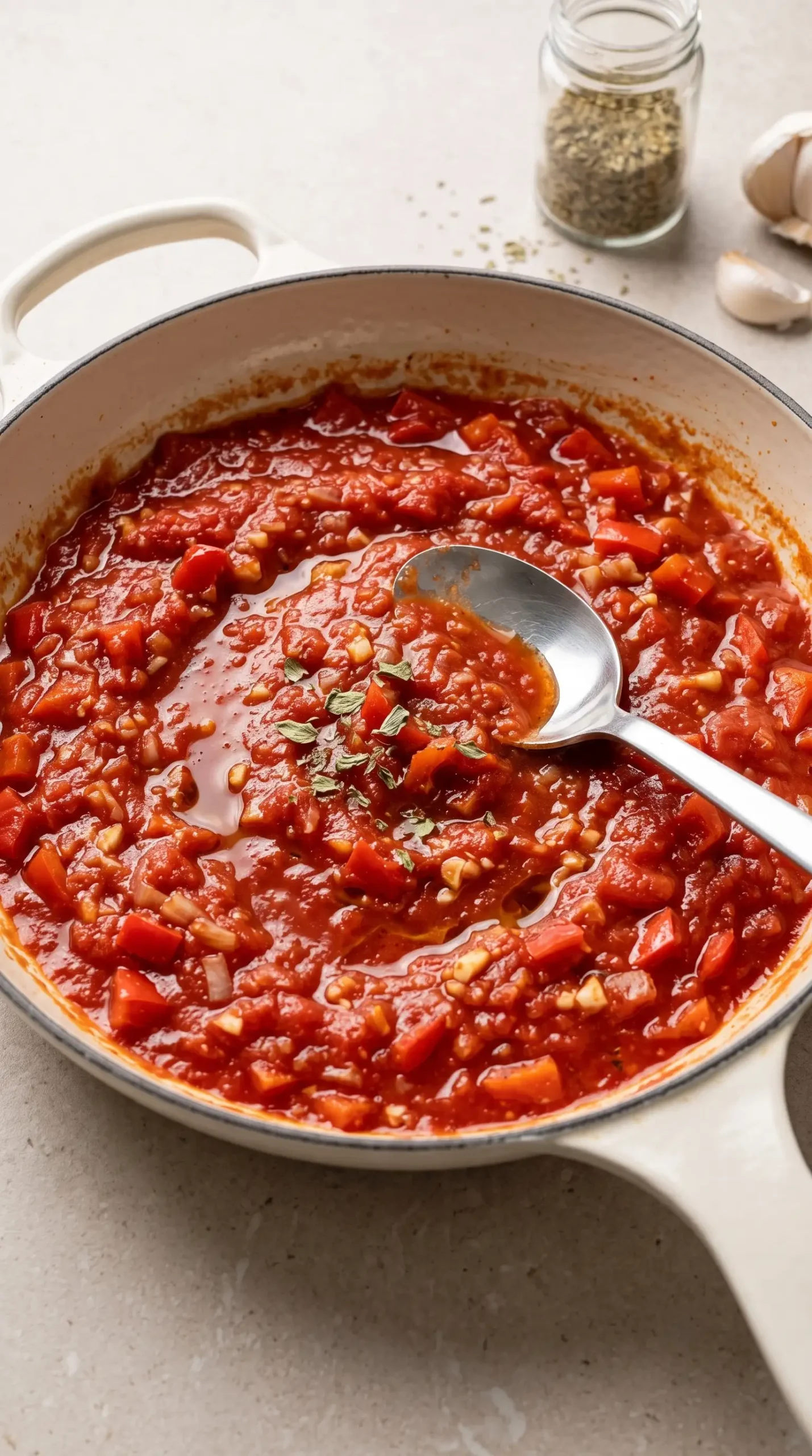 Tomato sauce base with garlic, shallot, peppers, and crushed tomatoes in a skillet