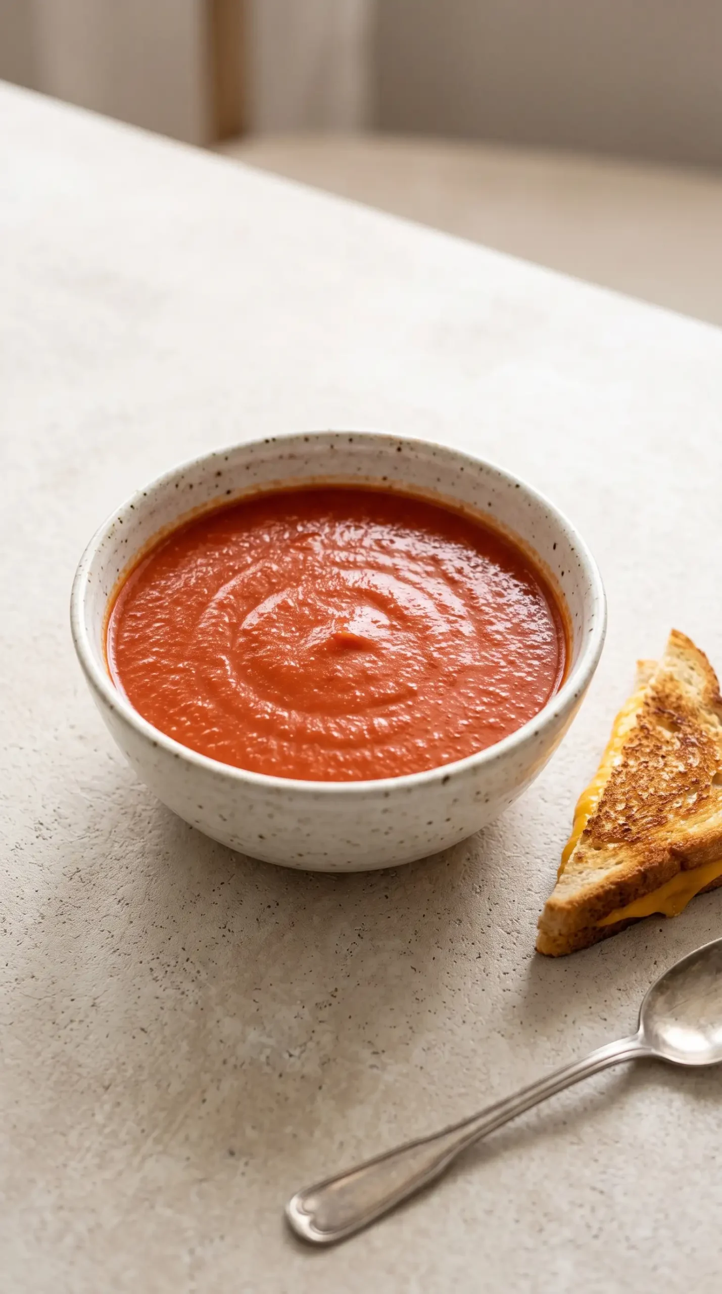 Smooth tomato soup served with a piece of grilled cheese sandwich