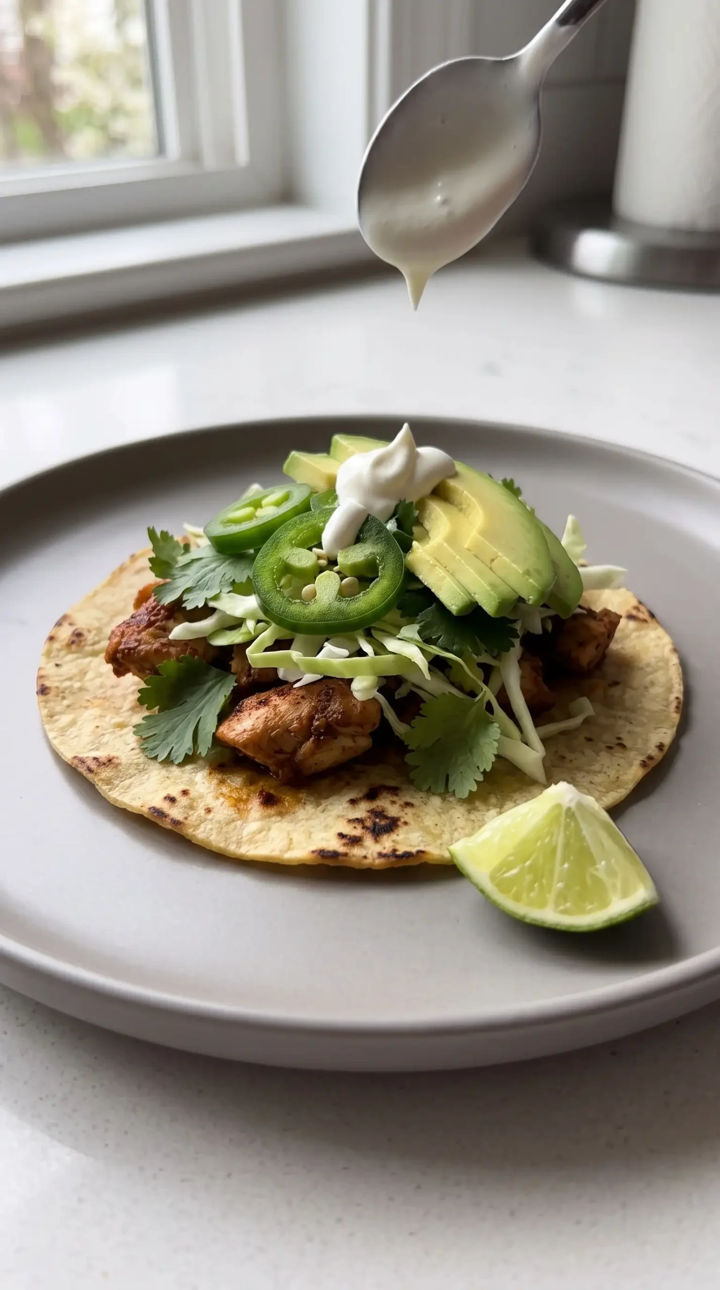 Finished corn tortilla taco topped with ancho chicken, cabbage, cilantro, and avocado