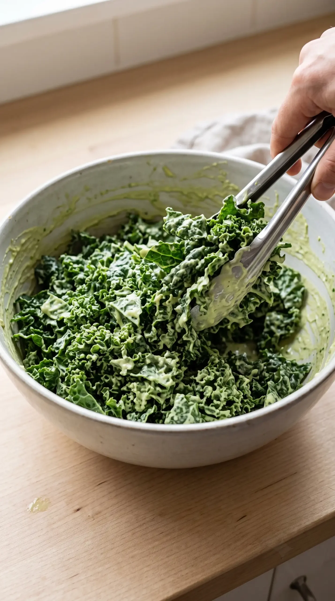 Chopped kale being tossed with creamy avocado Caesar dressing in a bowl