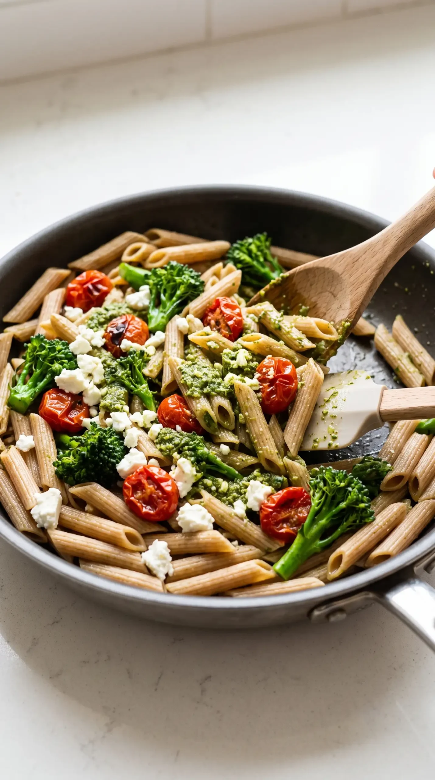 Whole wheat penne tossed with pesto, roasted tomatoes, broccoli, and feta in a skillet